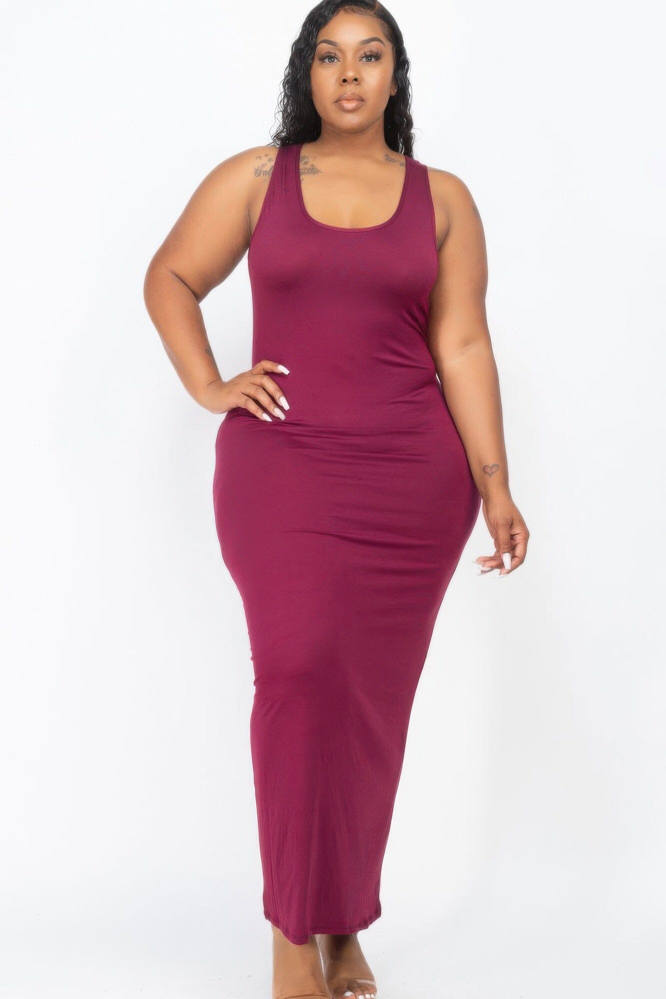 Plus Size Solid Basic Maxi Dress Dresses jehouze Burgundy 1XL