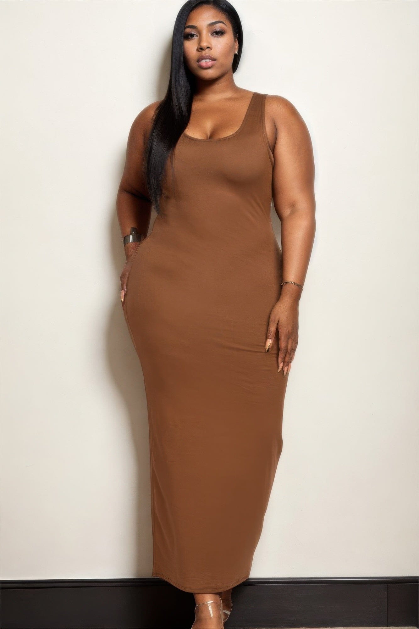 Plus Size Solid Basic Maxi Dress Dresses jehouze Downtown brown 1XL