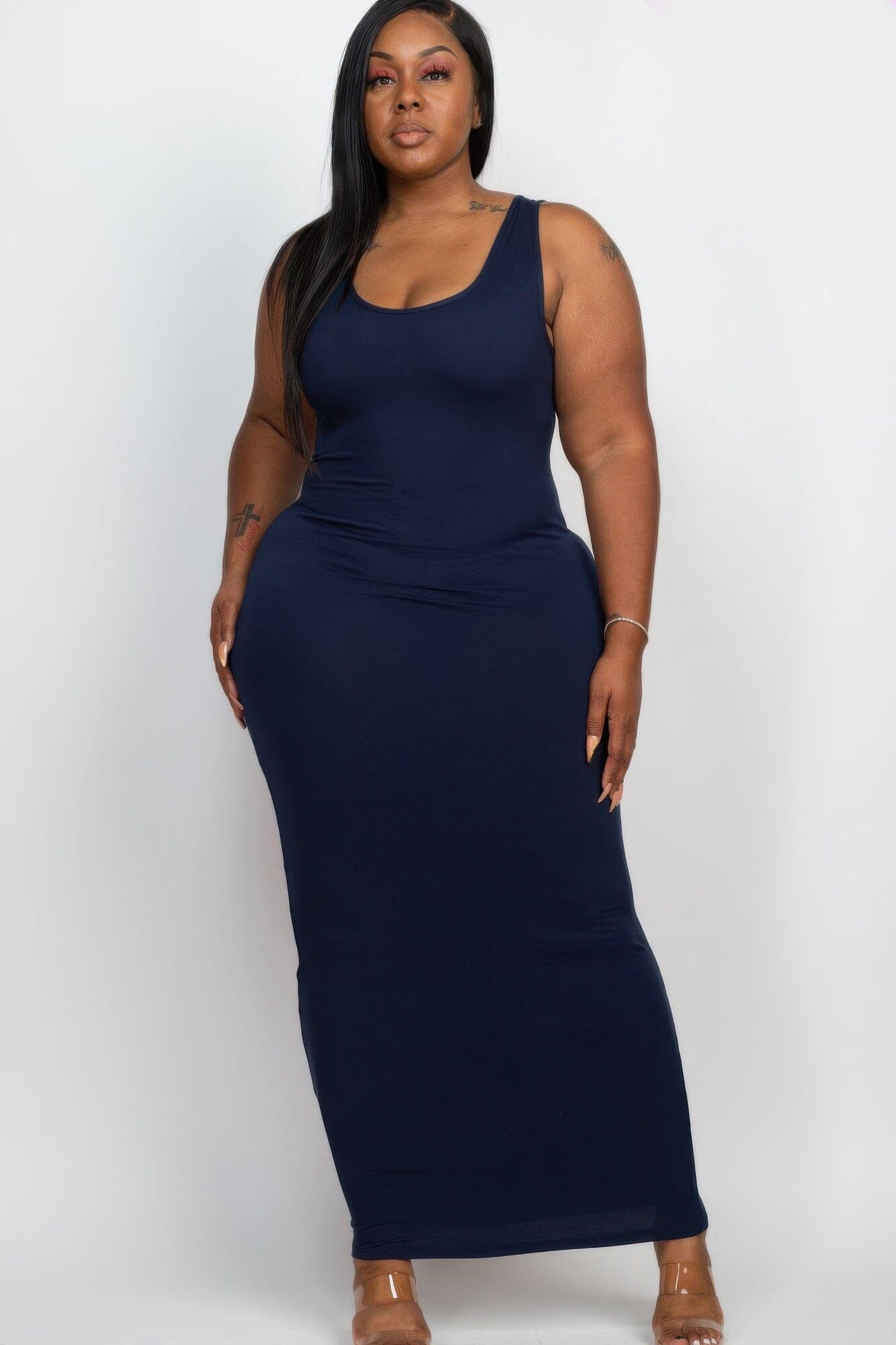 Plus Size Solid Basic Maxi Dress Dresses jehouze Navy 1XL