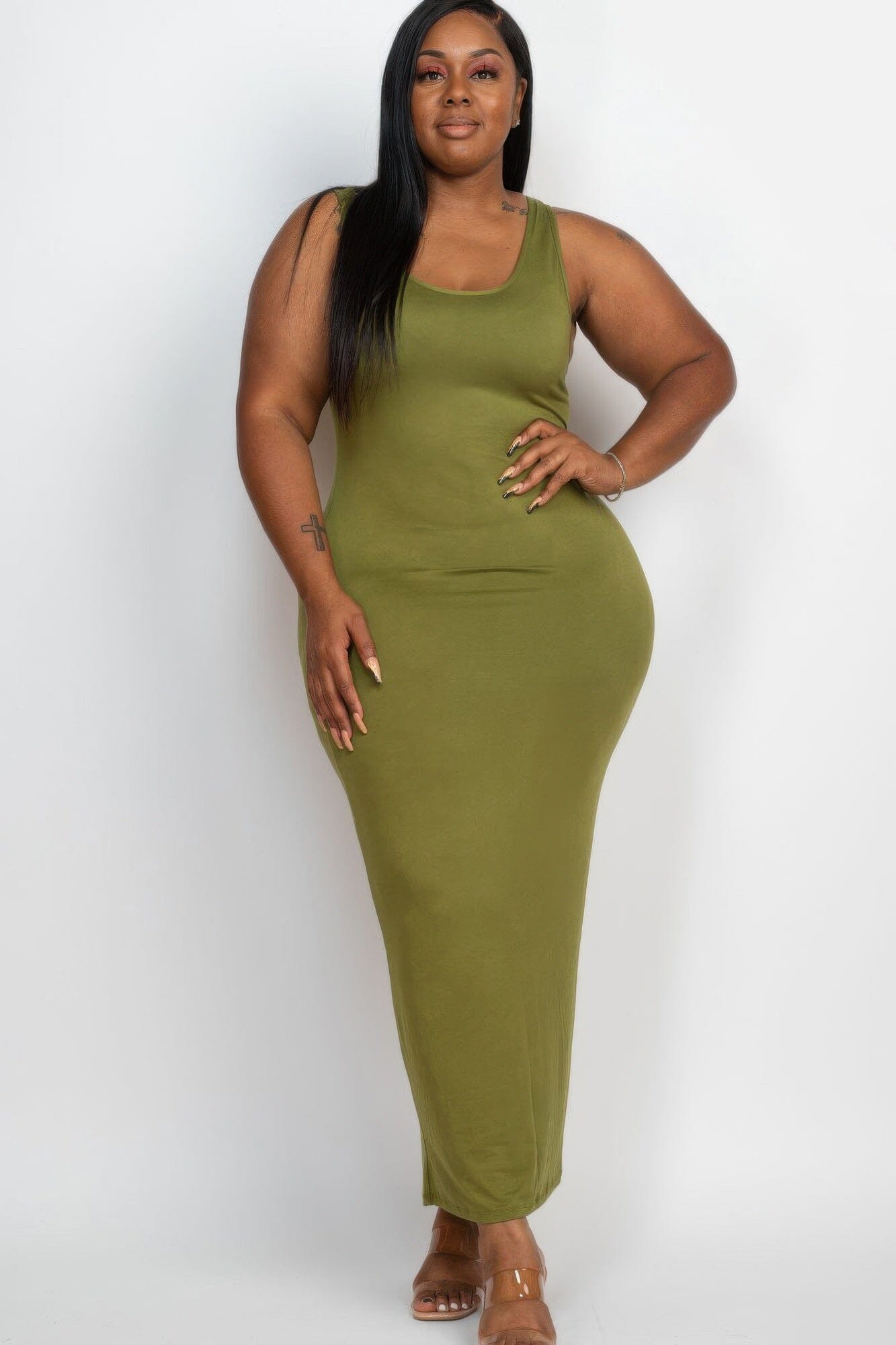 Plus Size Solid Basic Maxi Dress Dresses jehouze Olive branch 1XL
