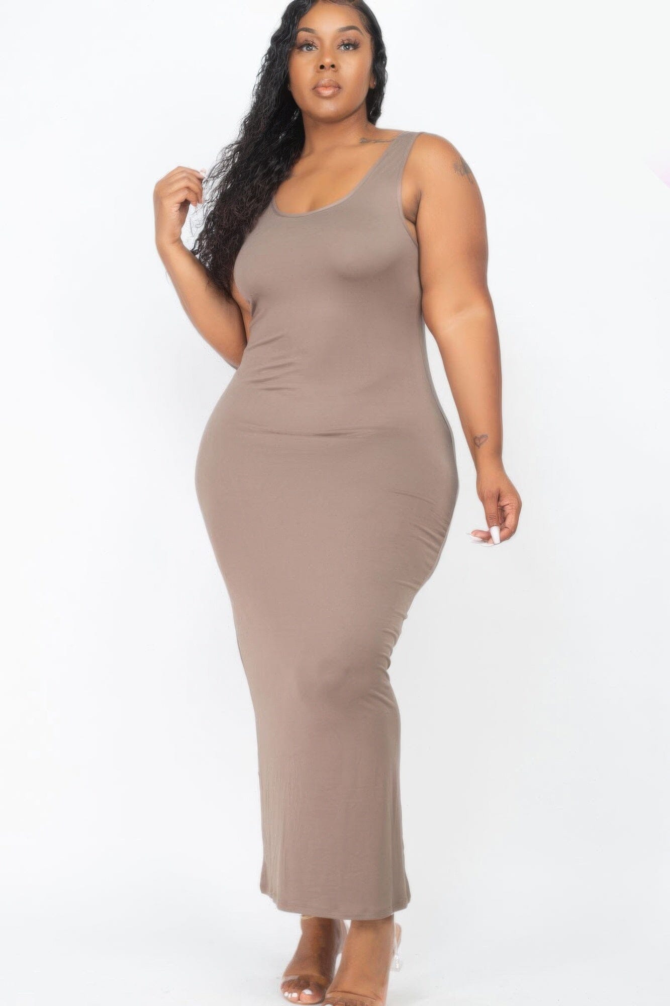 Plus Size Solid Basic Maxi Dress Dresses jehouze Taupe 1XL