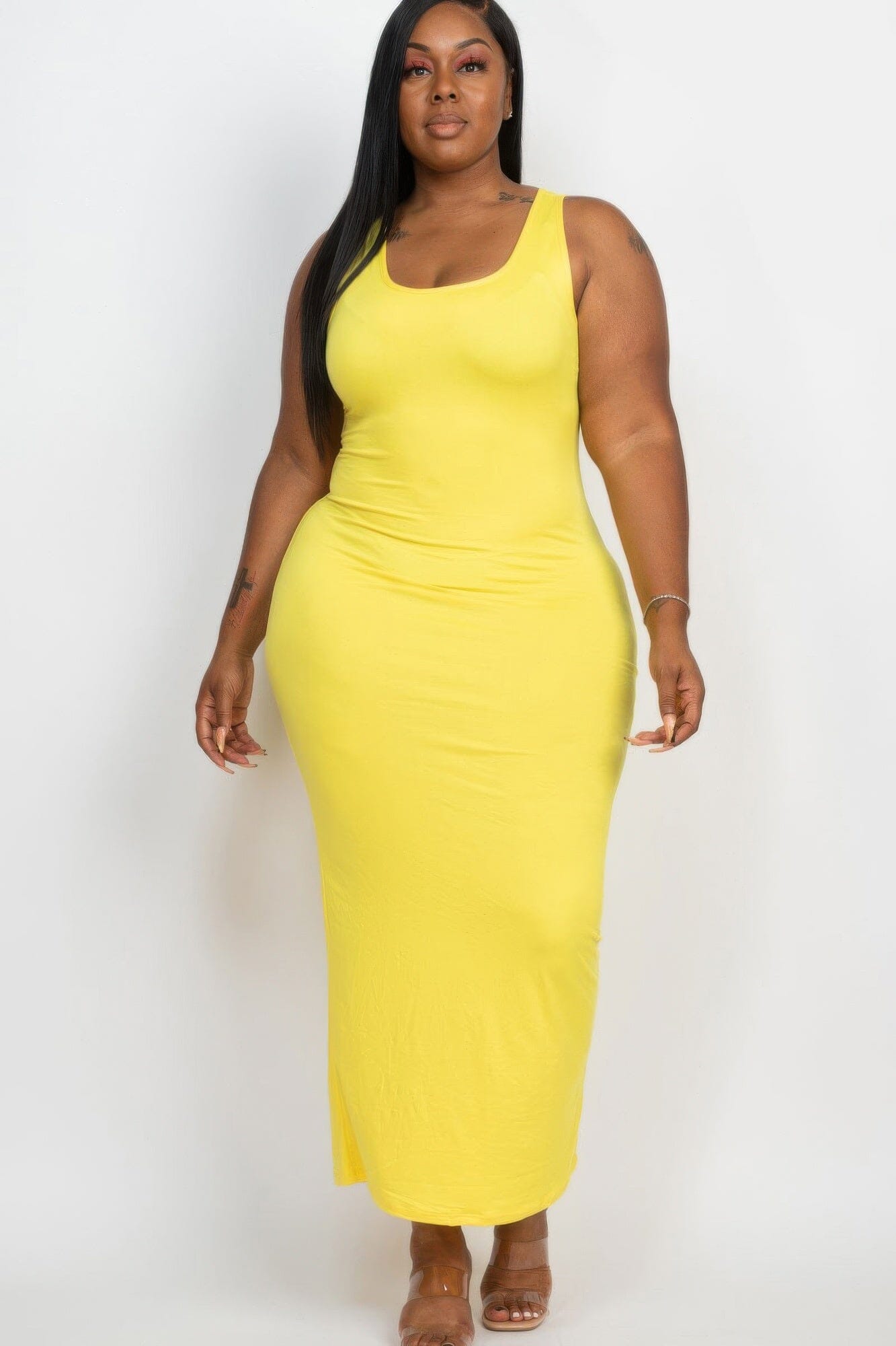 Plus Size Solid Basic Maxi Dress Dresses jehouze Yellow 1XL