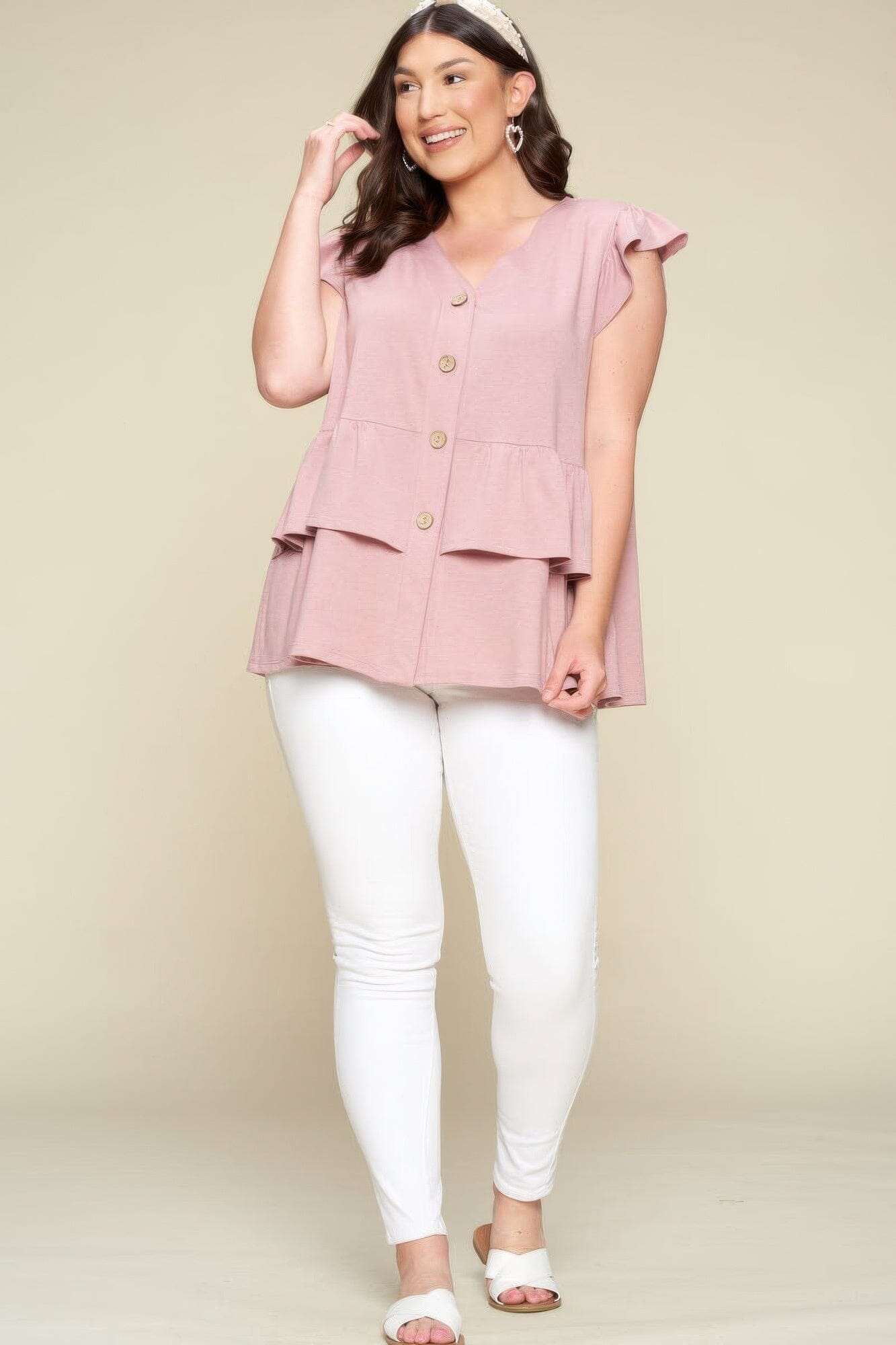 Plus Size Solid Button Flutter Sleeve Top Shirts & Tops jehouze Mauve 1XL