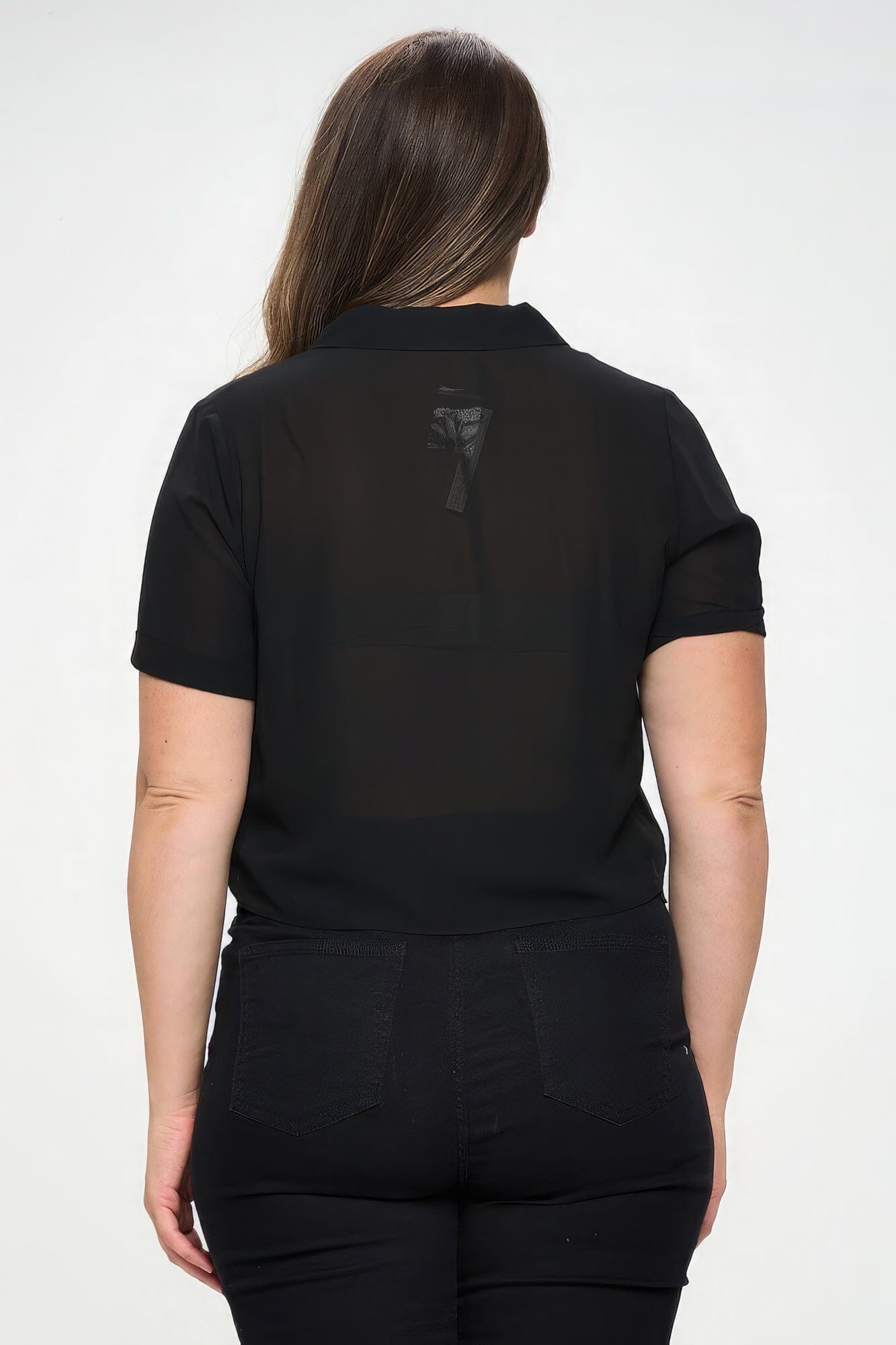 Plus Size Solid Chiffon Button Down Tie Front Short Sleeve Top Shirts & Tops jehouze