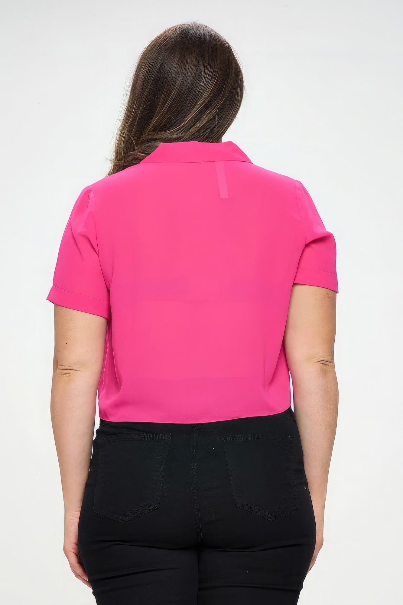 Plus Size Solid Chiffon Button Down Tie Front Short Sleeve Top Shirts & Tops jehouze
