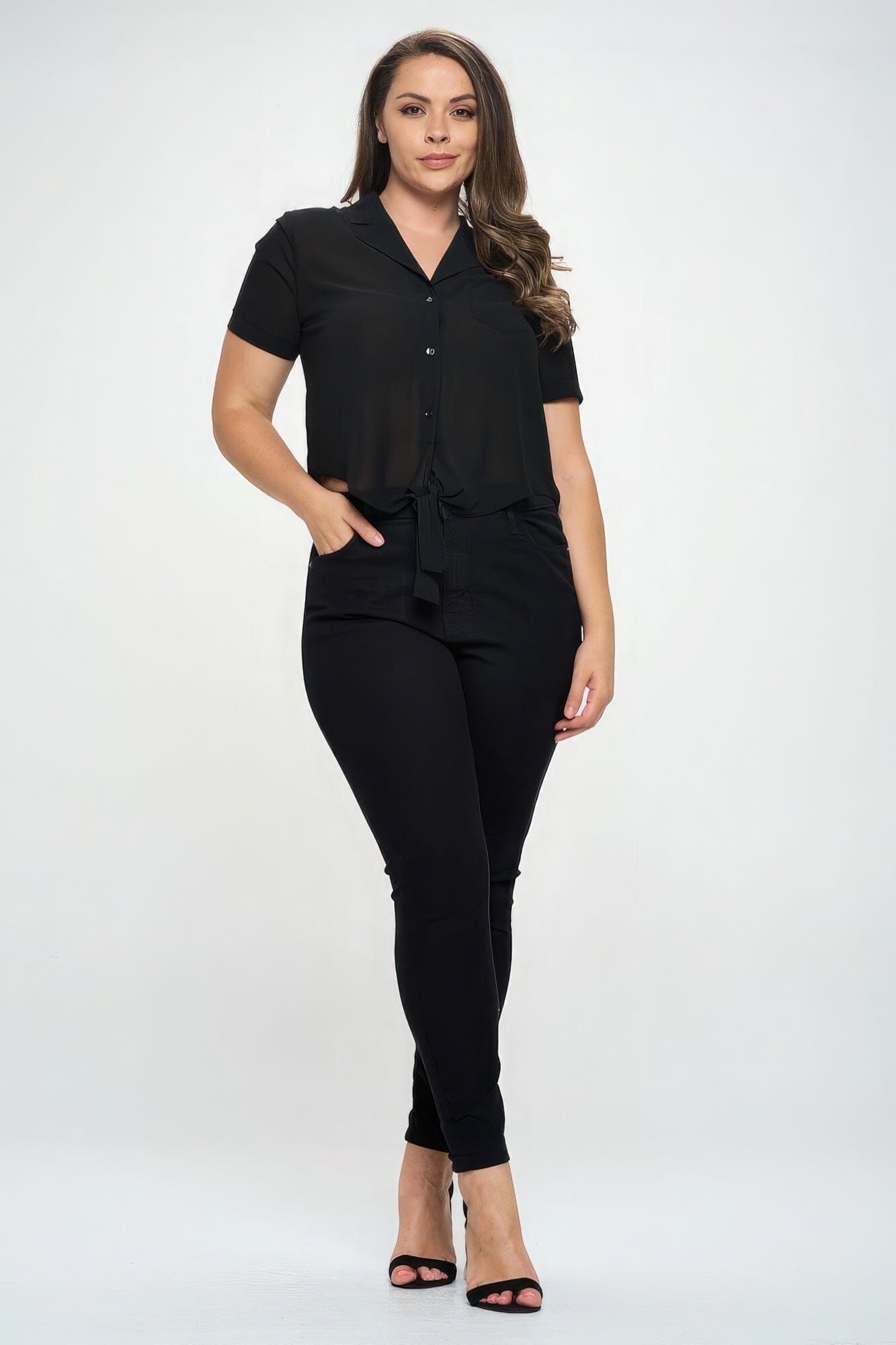 Plus Size Solid Chiffon Button Down Tie Front Short Sleeve Top Shirts & Tops jehouze Black 1XL