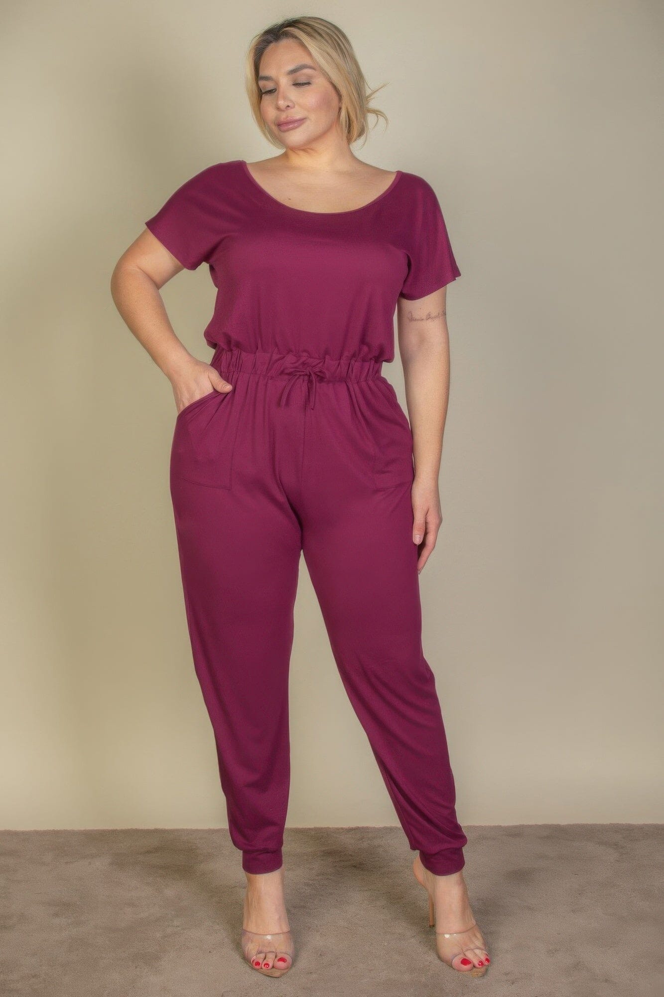 Plus Size Solid Drawstring Short Sleeve Jumpsuit Jumpsuits & Rompers jehouze