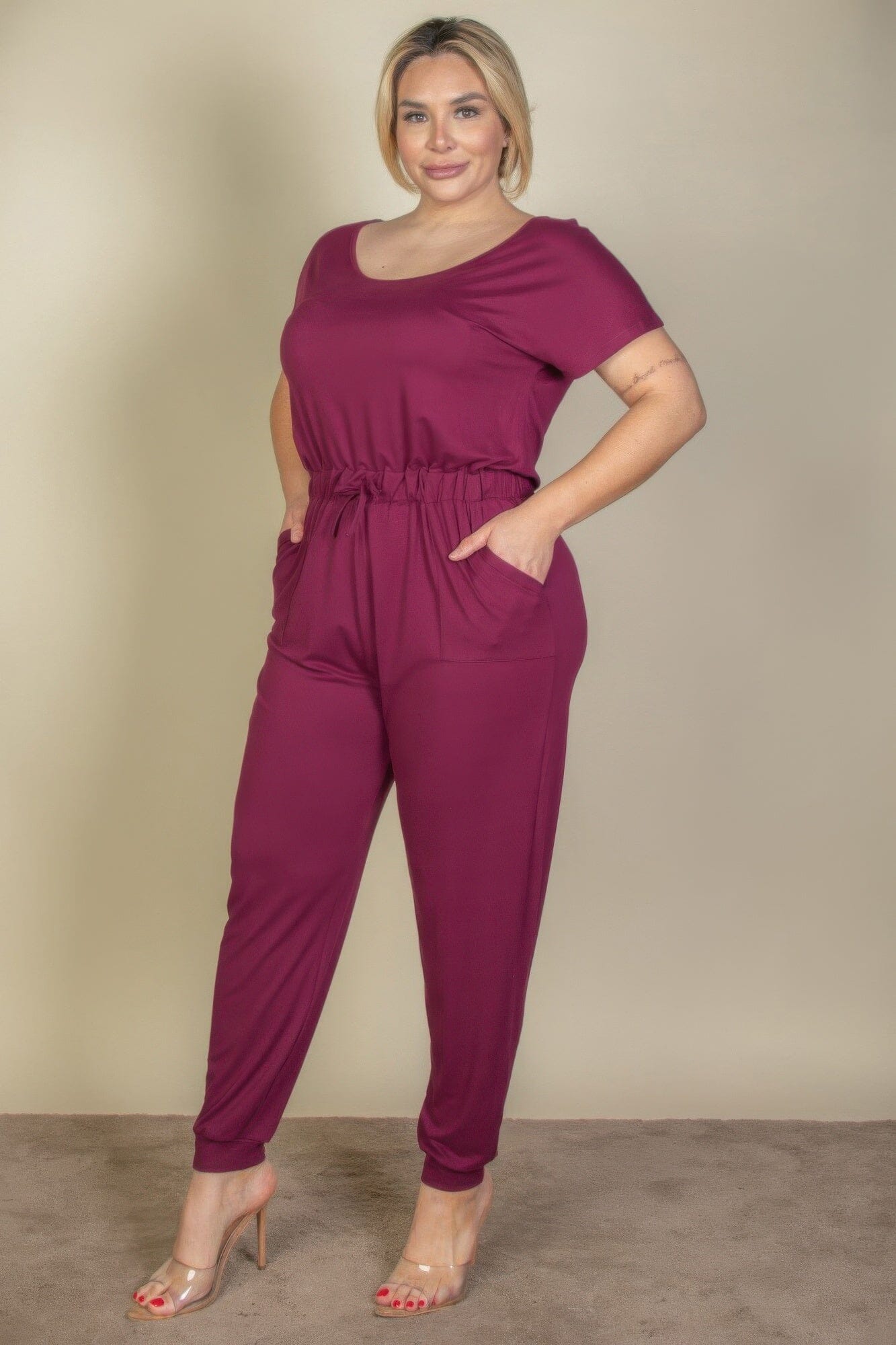Plus Size Solid Drawstring Short Sleeve Jumpsuit Jumpsuits & Rompers jehouze