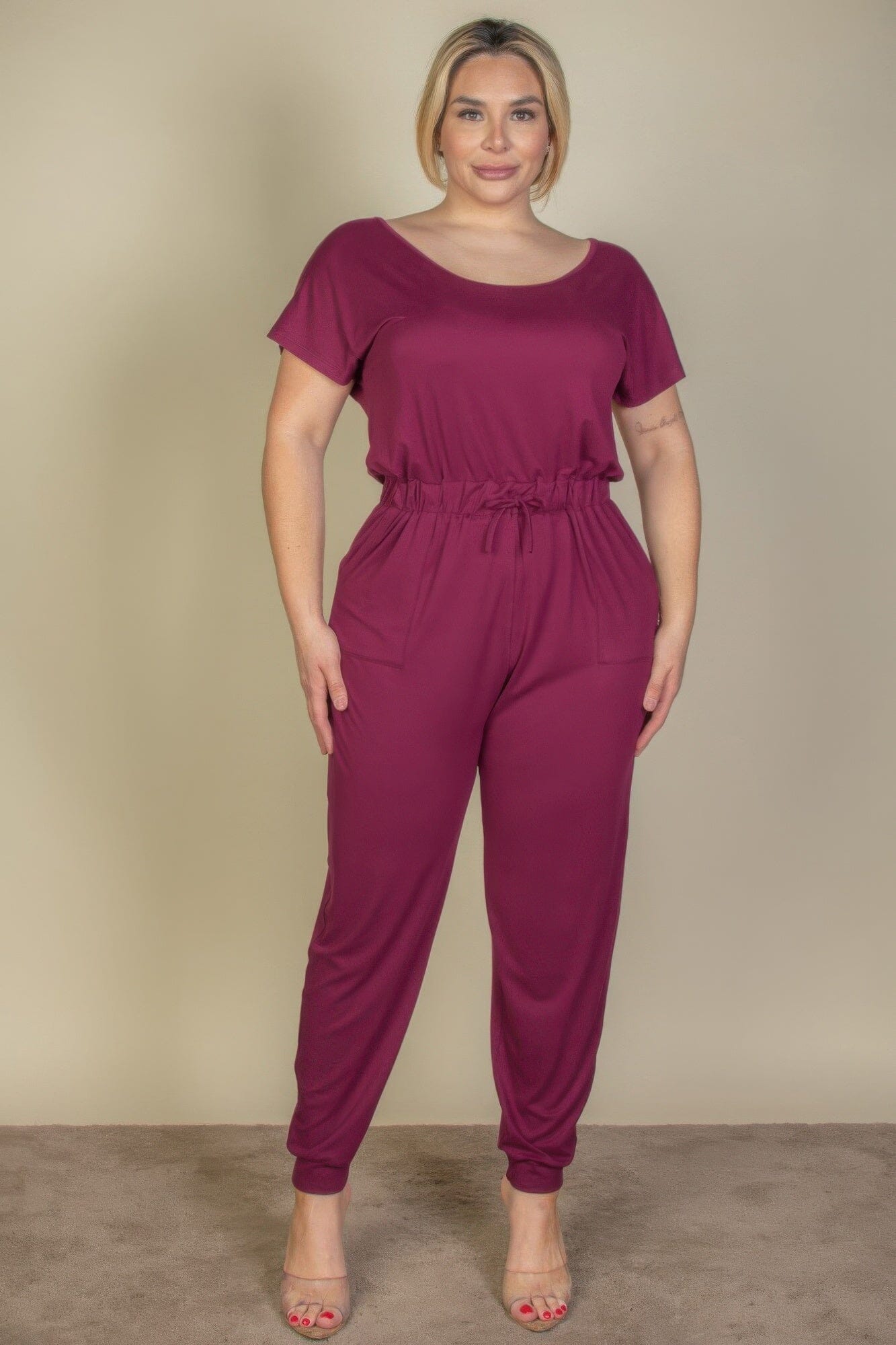 Plus Size Solid Drawstring Short Sleeve Jumpsuit Jumpsuits & Rompers jehouze