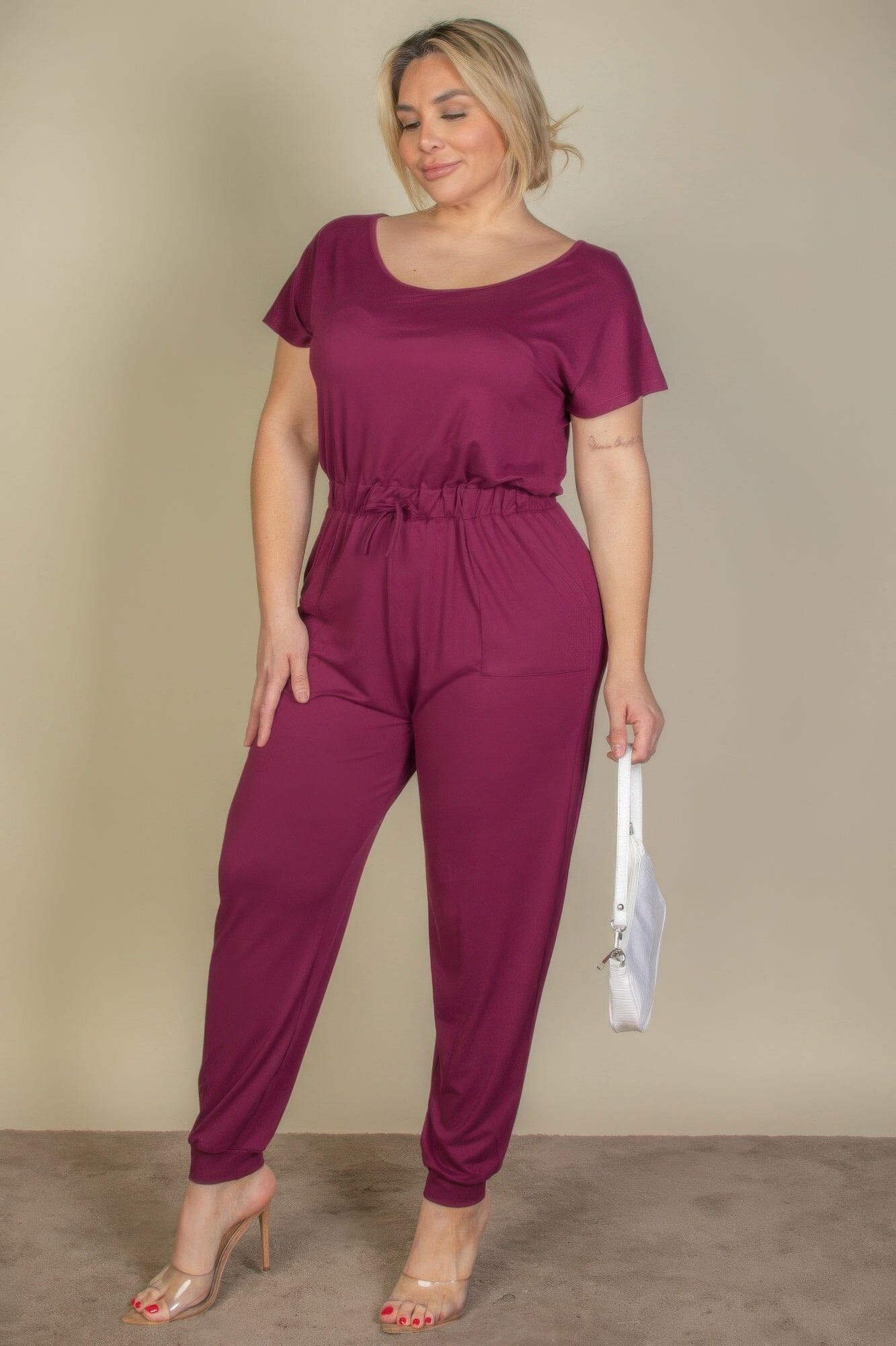 Plus Size Solid Drawstring Short Sleeve Jumpsuit Jumpsuits & Rompers jehouze