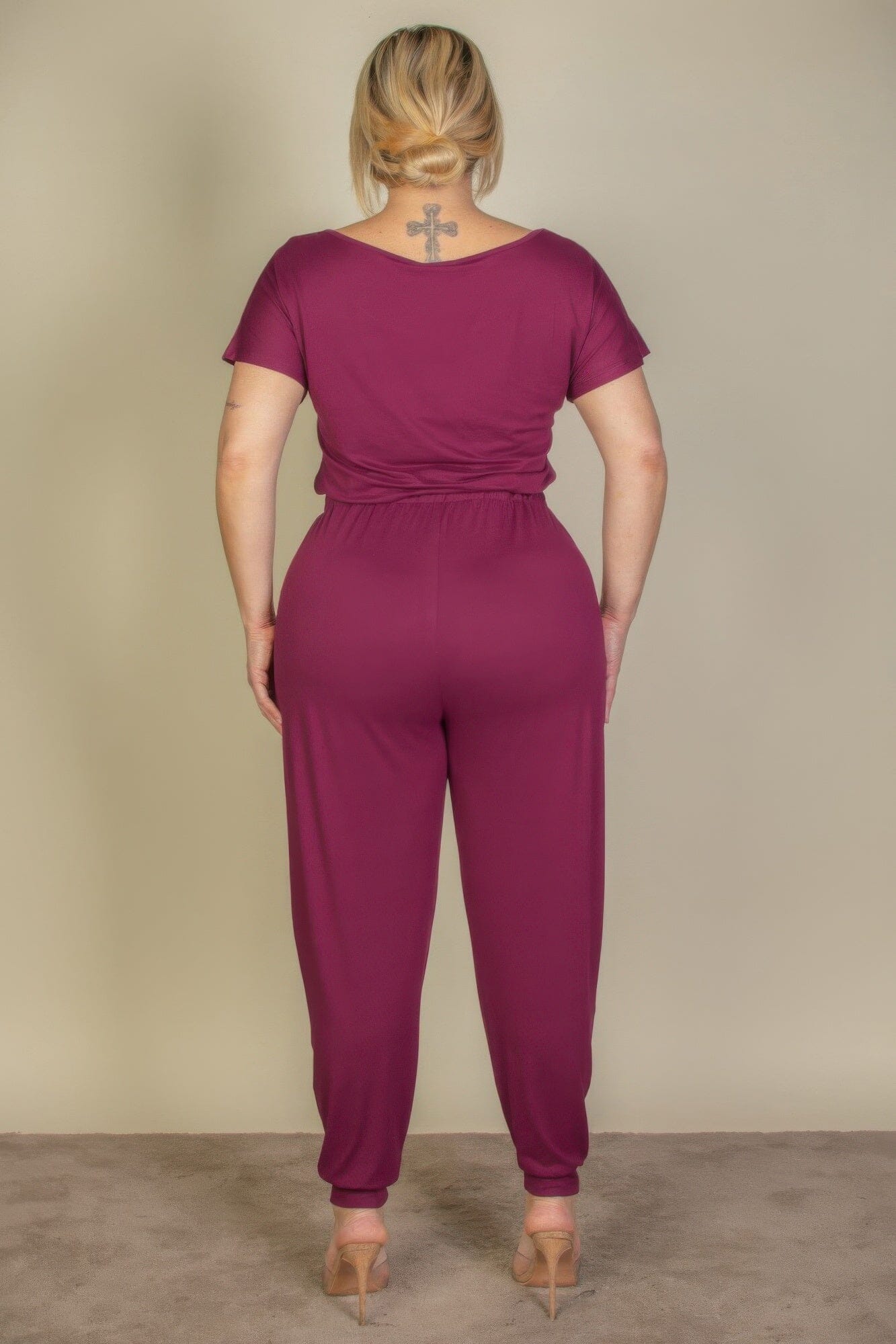 Plus Size Solid Drawstring Short Sleeve Jumpsuit Jumpsuits & Rompers jehouze Burgundy 1XL