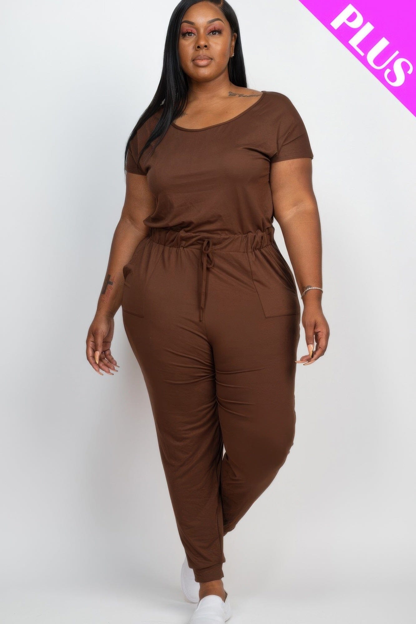 Plus Size Solid Drawstring Short Sleeve Jumpsuit Jumpsuits & Rompers jehouze Coffee 1XL