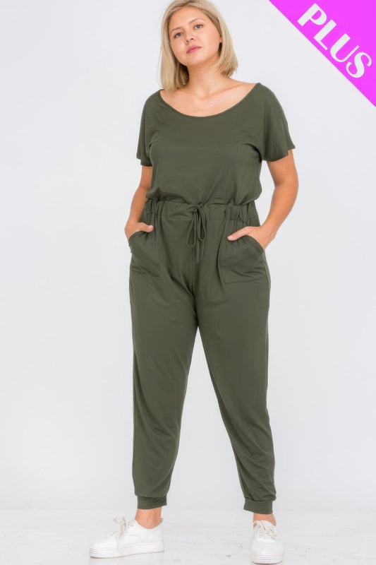 Plus Size Solid Drawstring Short Sleeve Jumpsuit Jumpsuits & Rompers jehouze Olive 1XL