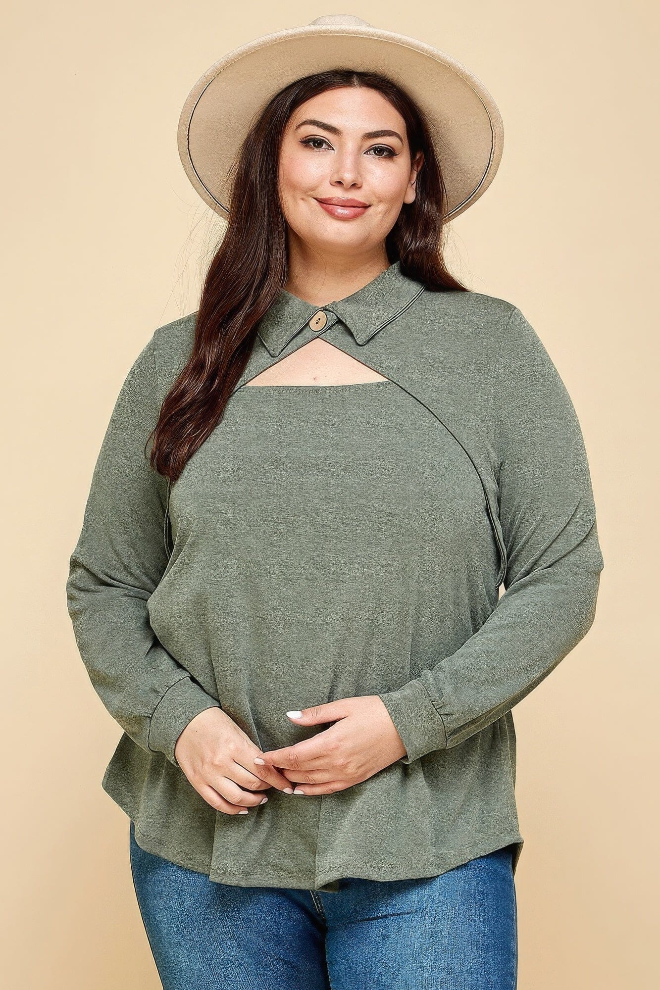 Plus Size Solid Long Sleeve Fashion Top Shirts & Tops jehouze Olive 1XL
