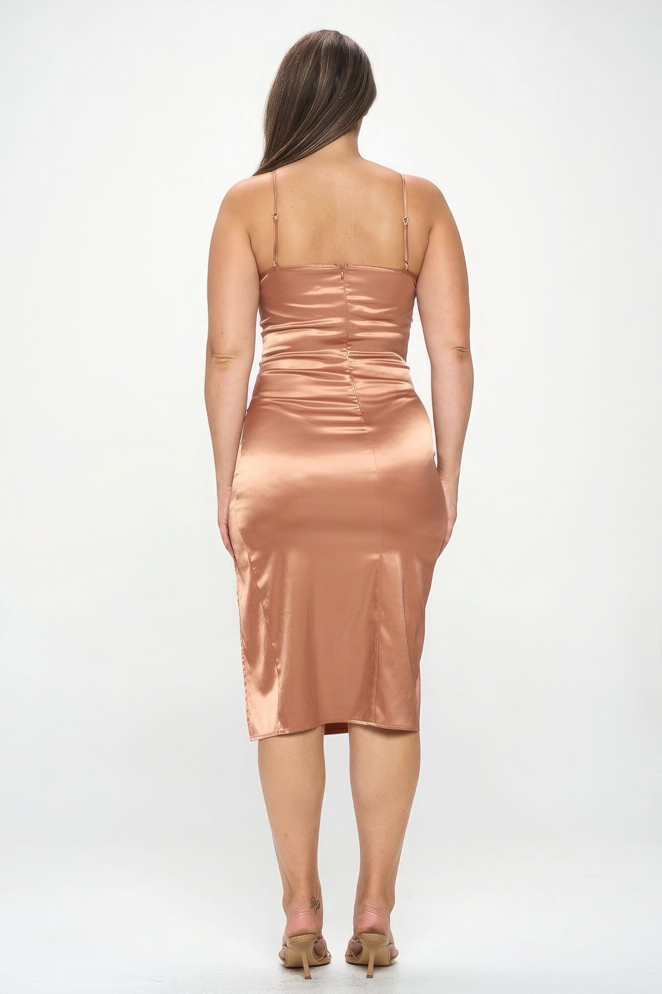 Plus Size Solid Satin Front Knot Bodycon Midi Dress Dresses jehouze