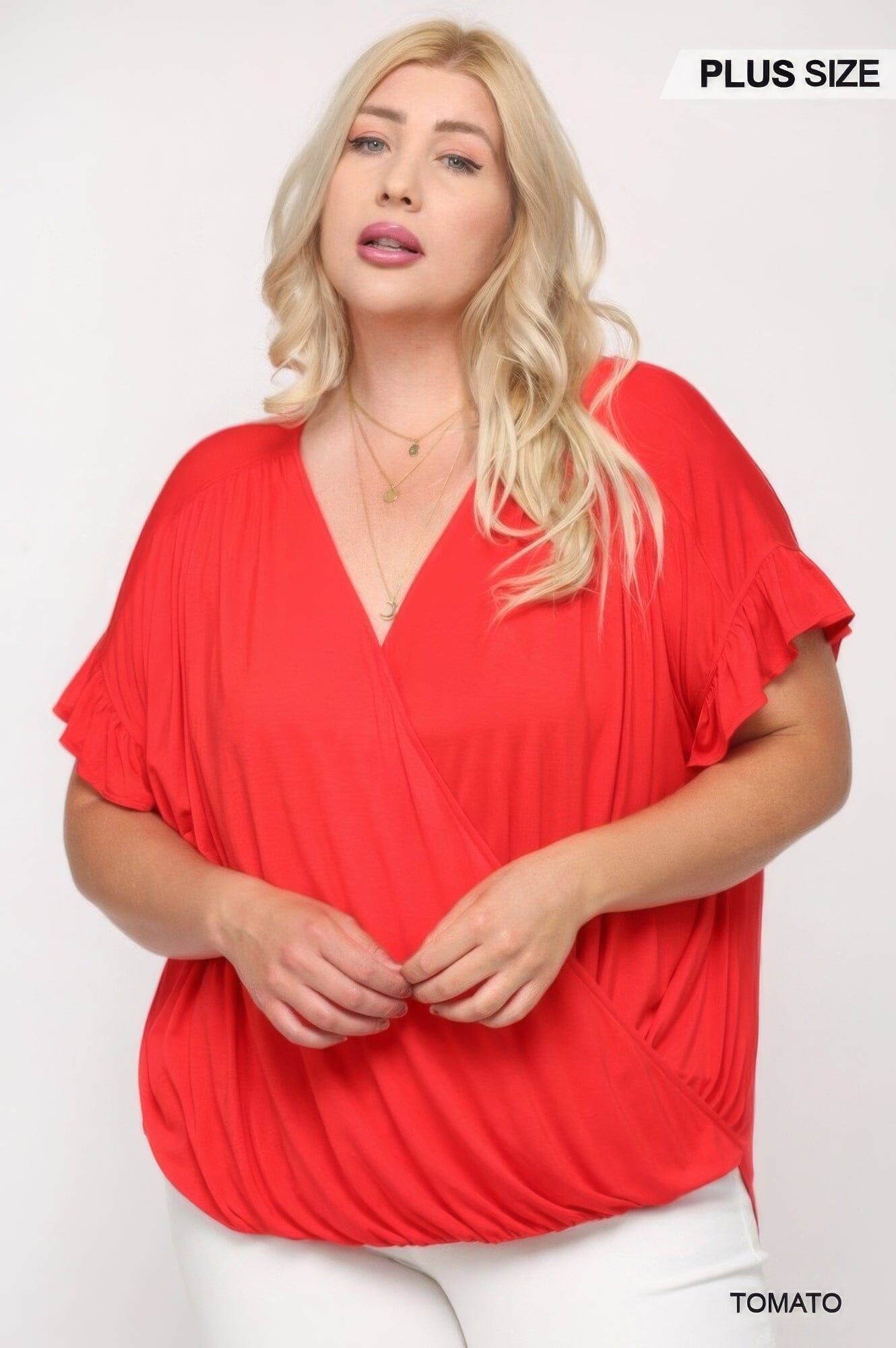Plus Size Solid Viscose Knit Surplice Top With Ruffle Sleeve Shirts & Tops jehouze