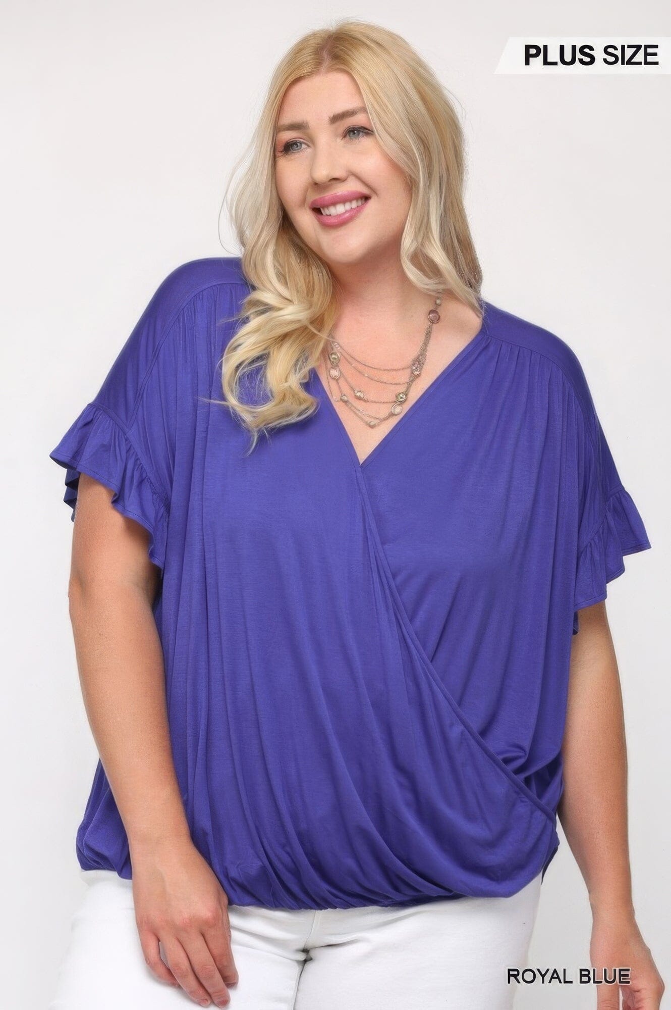 Plus Size Solid Viscose Knit Surplice Top With Ruffle Sleeve Shirts & Tops jehouze