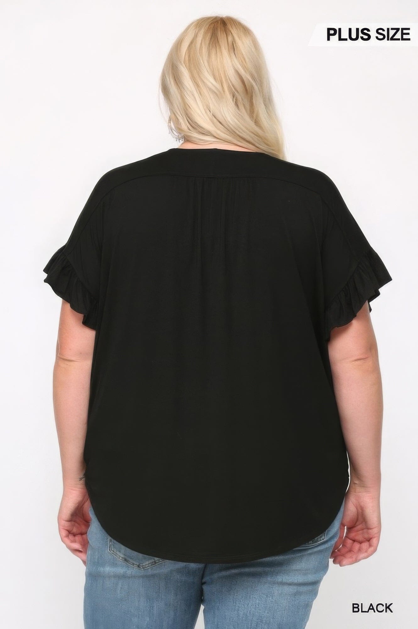 Plus Size Solid Viscose Knit Surplice Top With Ruffle Sleeve Shirts & Tops jehouze