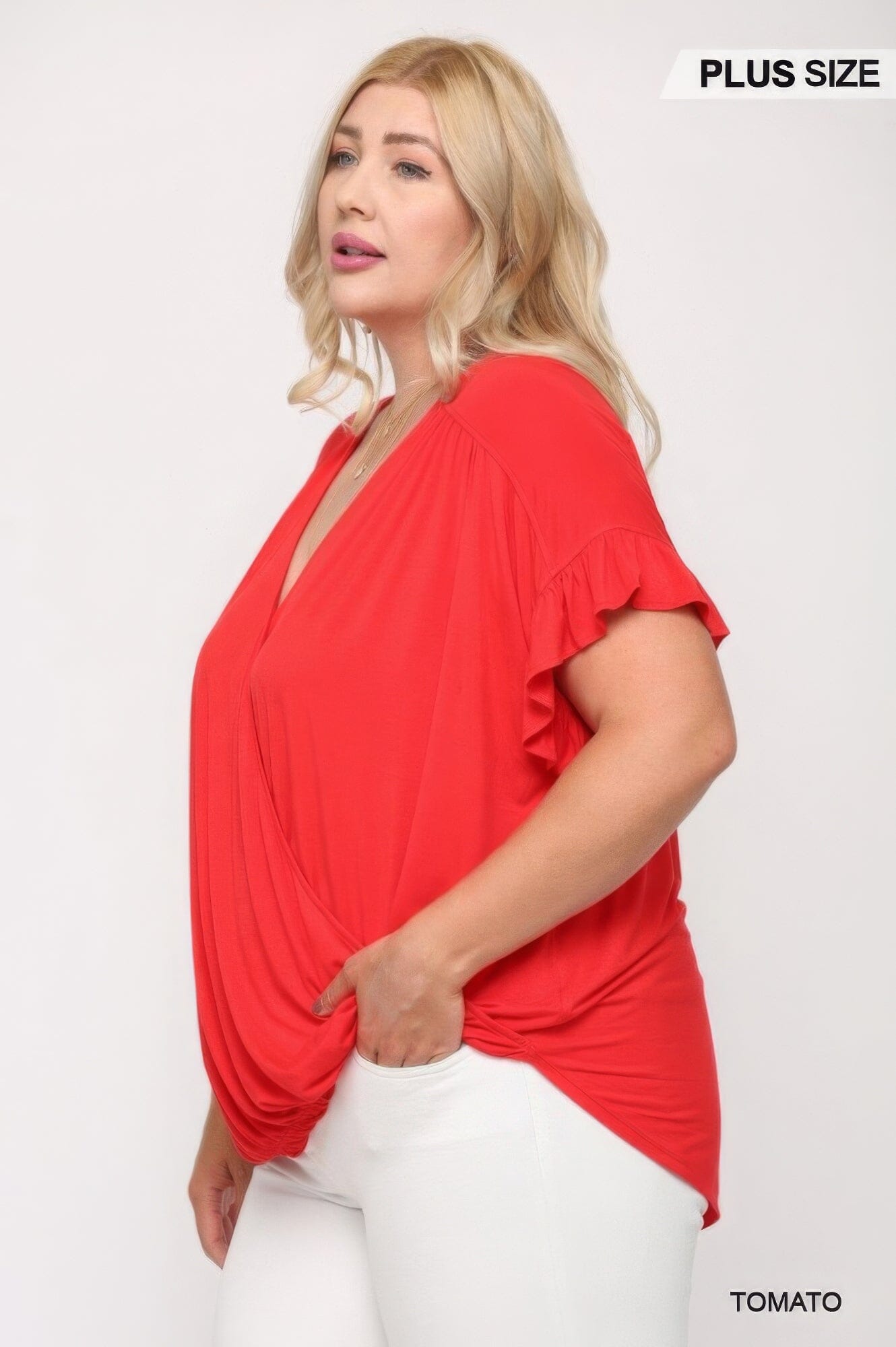 Plus Size Solid Viscose Knit Surplice Top With Ruffle Sleeve Shirts & Tops jehouze