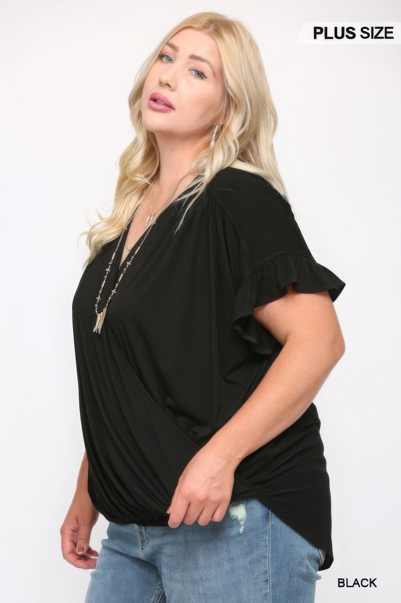 Plus Size Solid Viscose Knit Surplice Top With Ruffle Sleeve Shirts & Tops jehouze