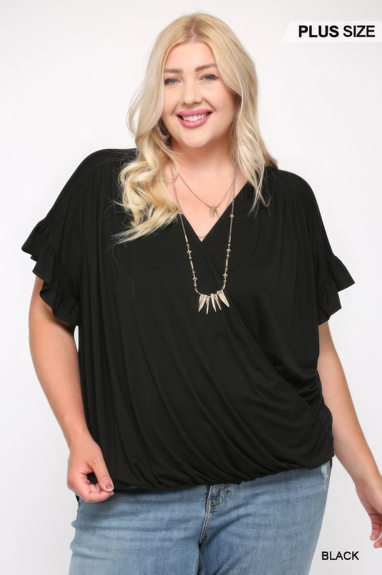 Plus Size Solid Viscose Knit Surplice Top With Ruffle Sleeve Shirts & Tops jehouze