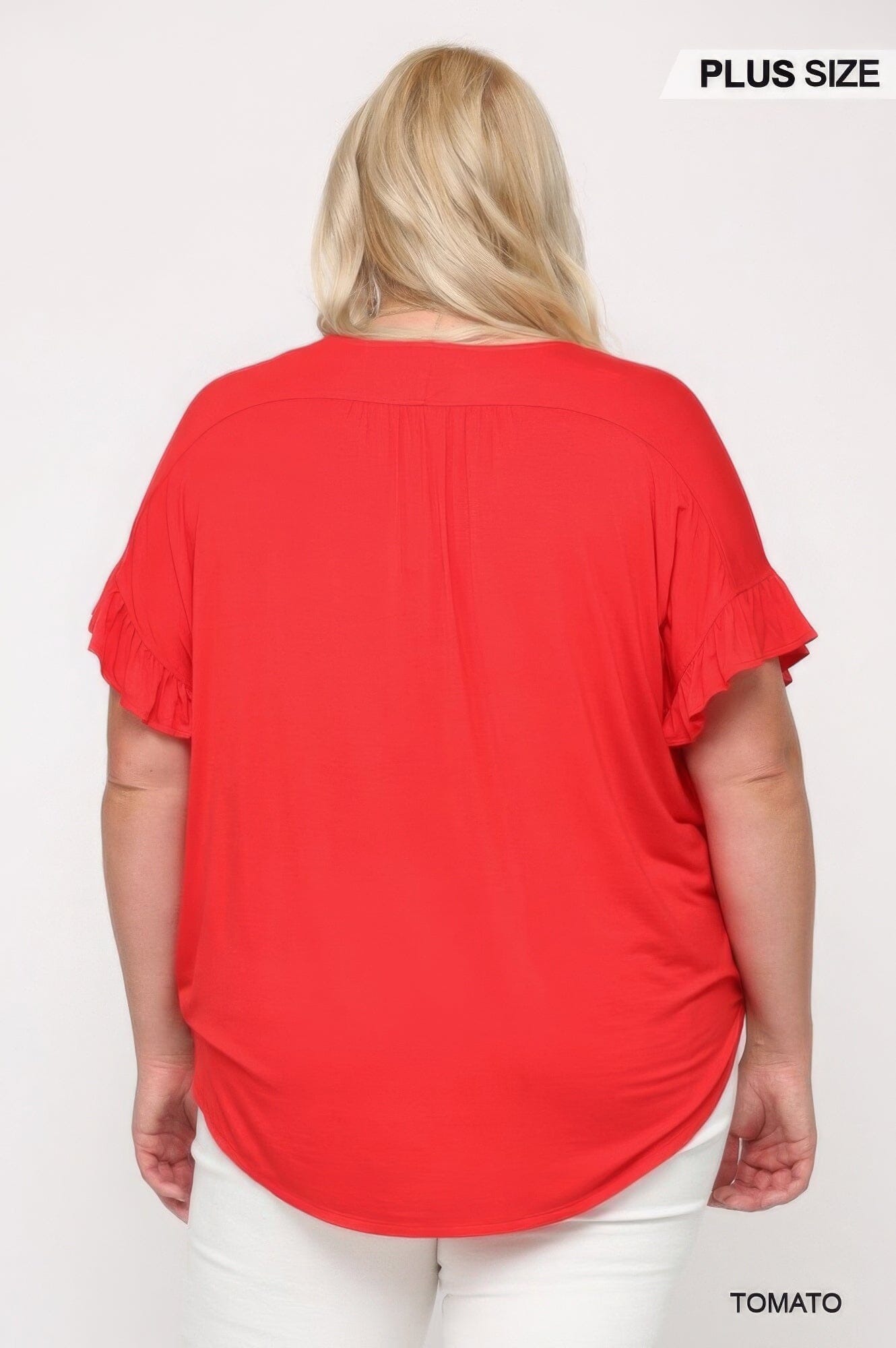 Plus Size Solid Viscose Knit Surplice Top With Ruffle Sleeve Shirts & Tops jehouze