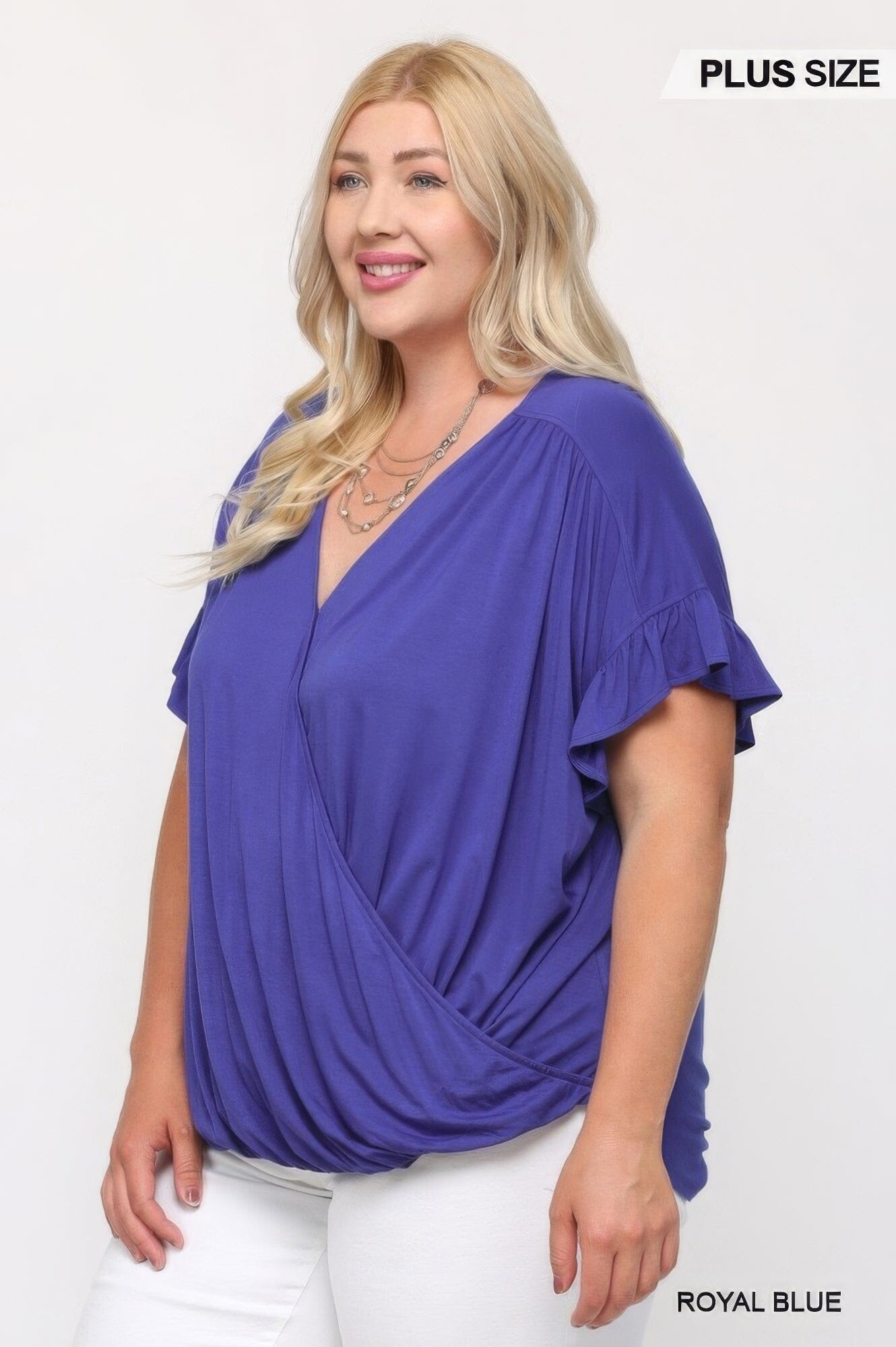 Plus Size Solid Viscose Knit Surplice Top With Ruffle Sleeve Shirts & Tops jehouze
