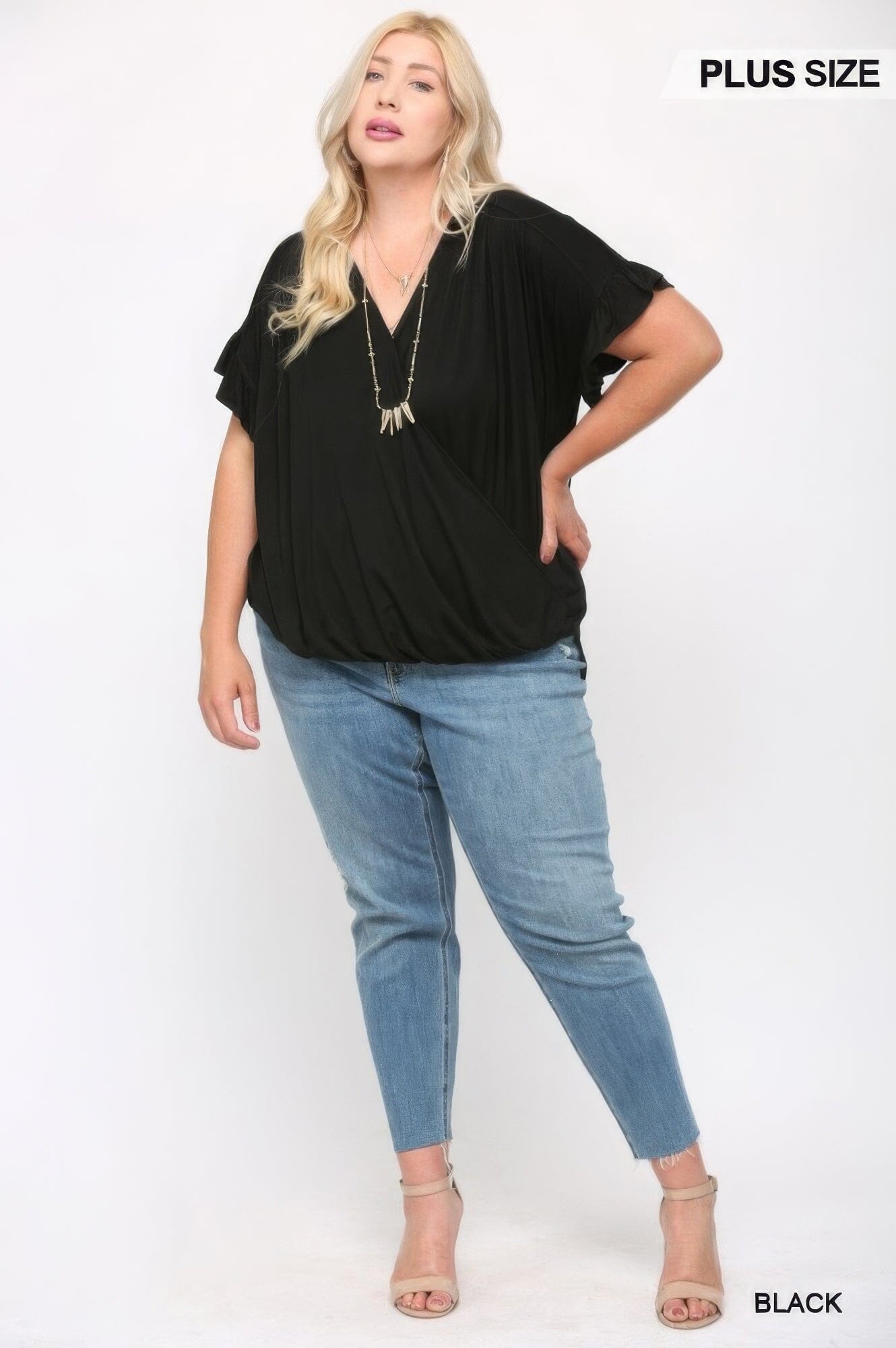 Plus Size Solid Viscose Knit Surplice Top With Ruffle Sleeve Shirts & Tops jehouze Black XL