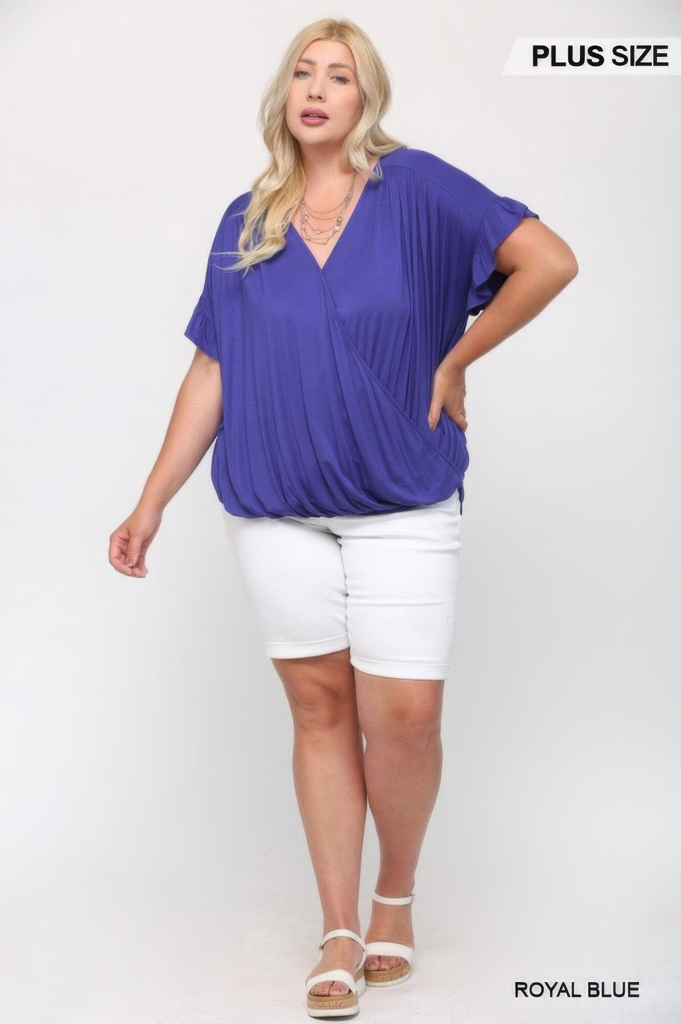 Plus Size Solid Viscose Knit Surplice Top With Ruffle Sleeve Shirts & Tops jehouze Royal Blue XL