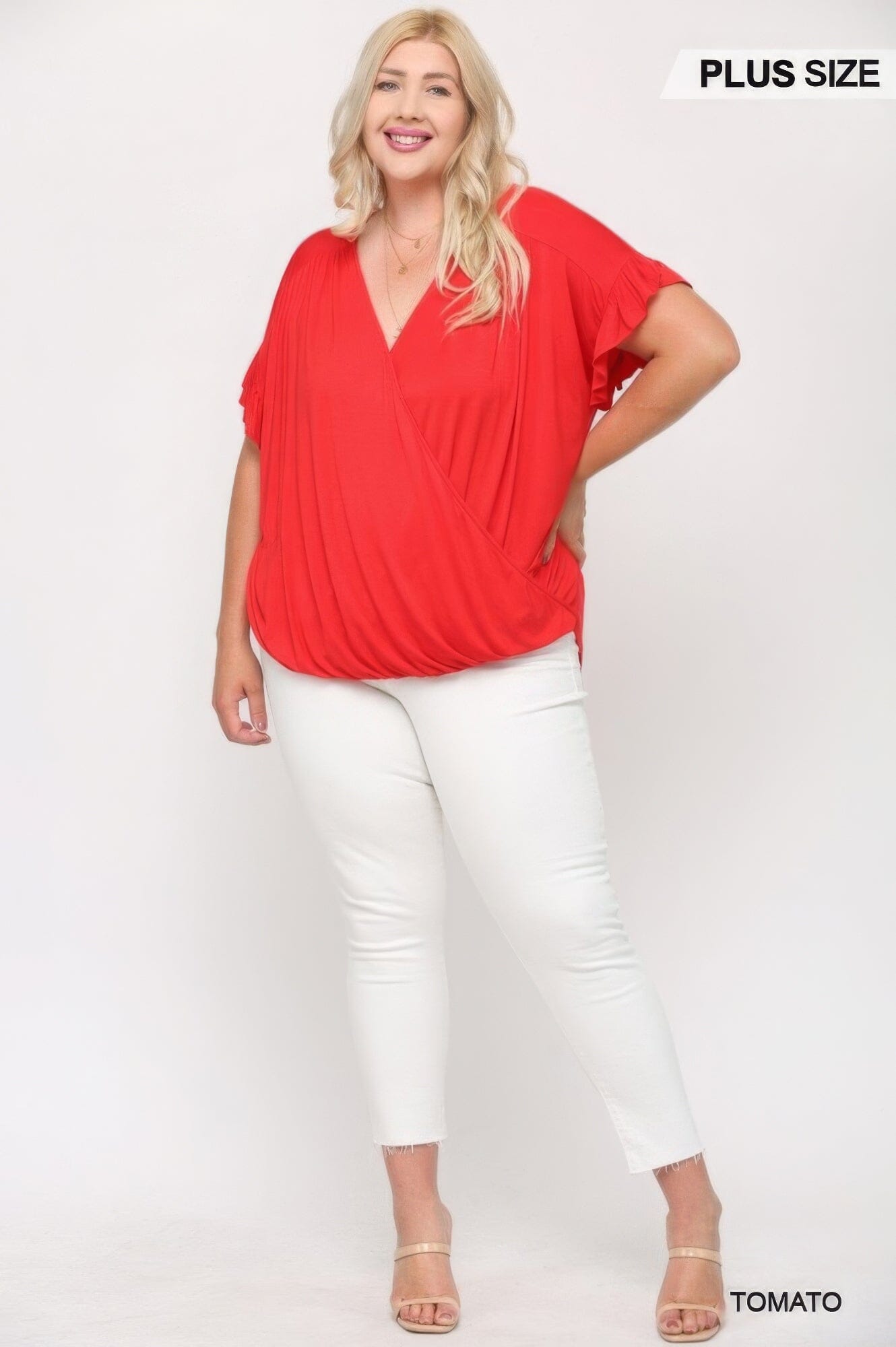 Plus Size Solid Viscose Knit Surplice Top With Ruffle Sleeve Shirts & Tops jehouze Tomato XL