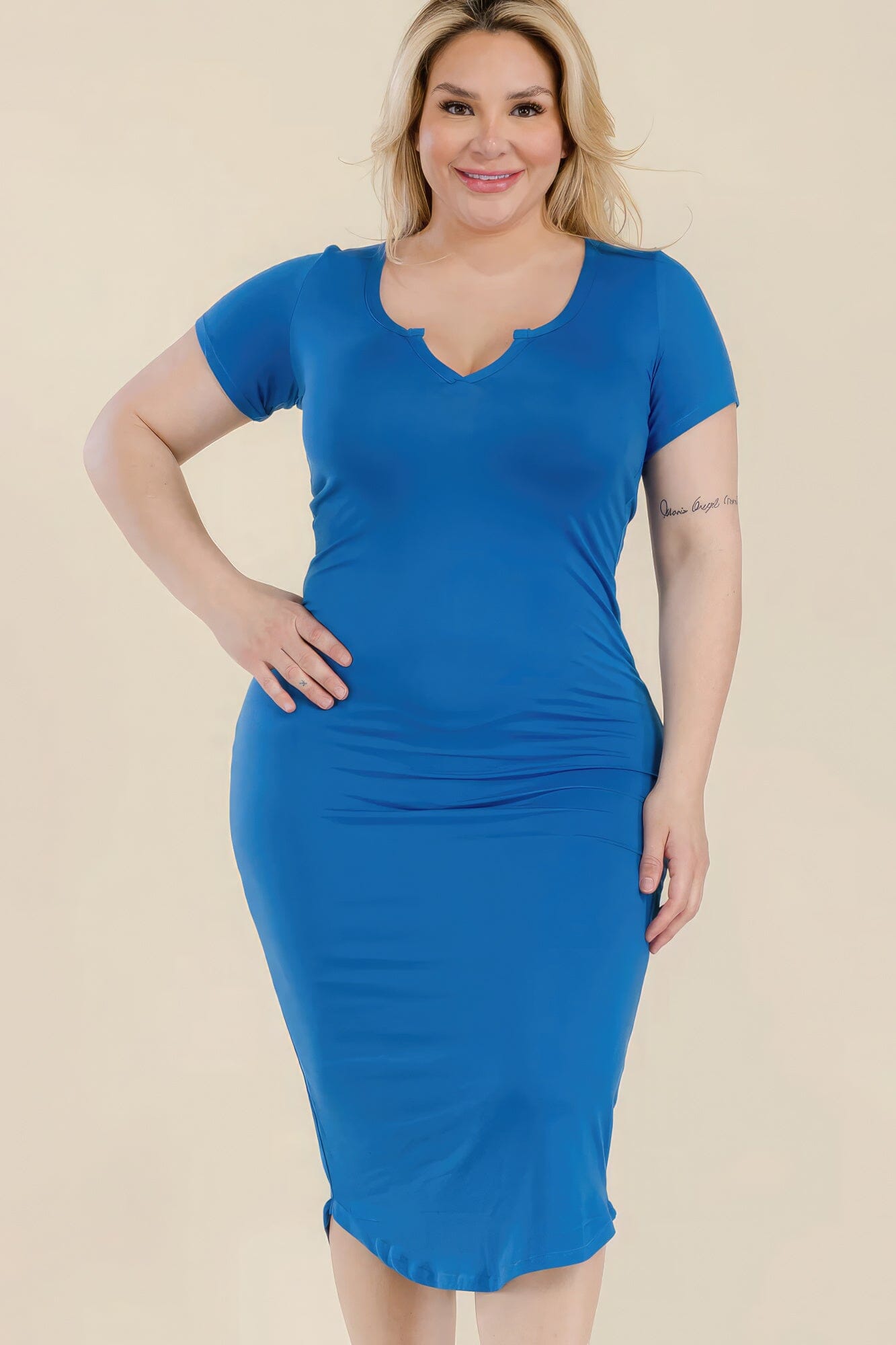 Plus Size Split Neck Bodycon Short Sleeve Midi Dress Dresses jehouze