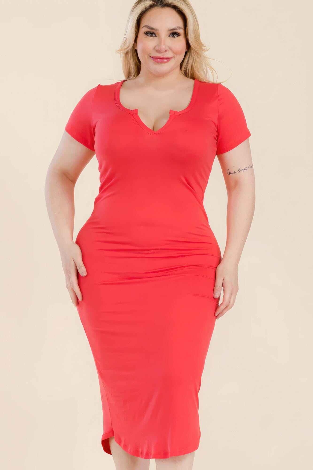 Plus Size Split Neck Bodycon Short Sleeve Midi Dress Dresses jehouze