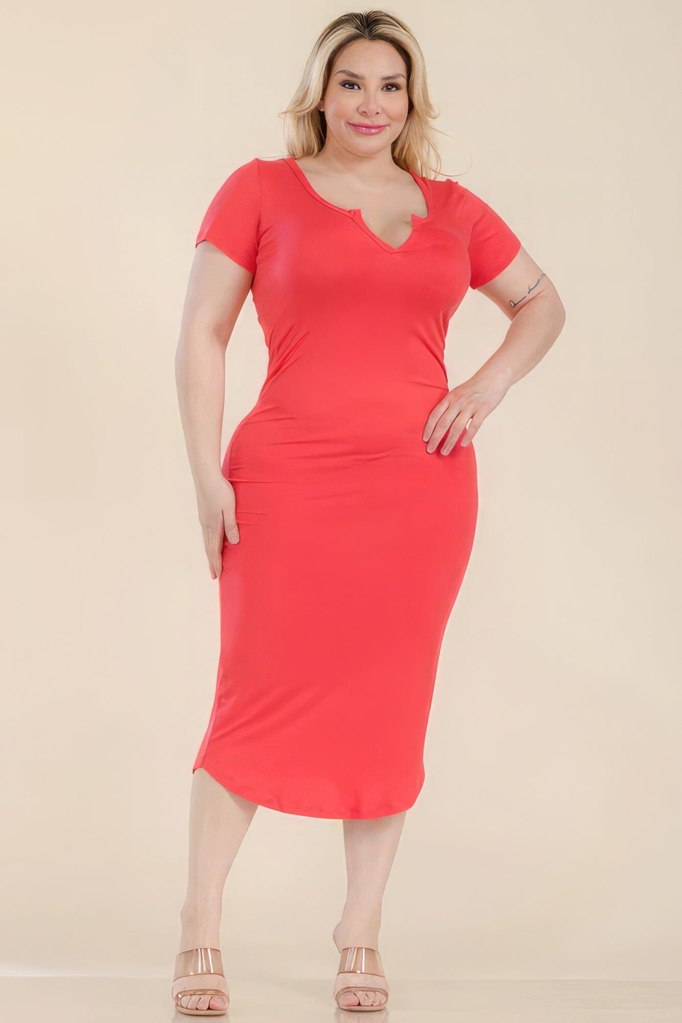 Plus Size Split Neck Bodycon Short Sleeve Midi Dress Dresses jehouze Fiery Coral 1XL