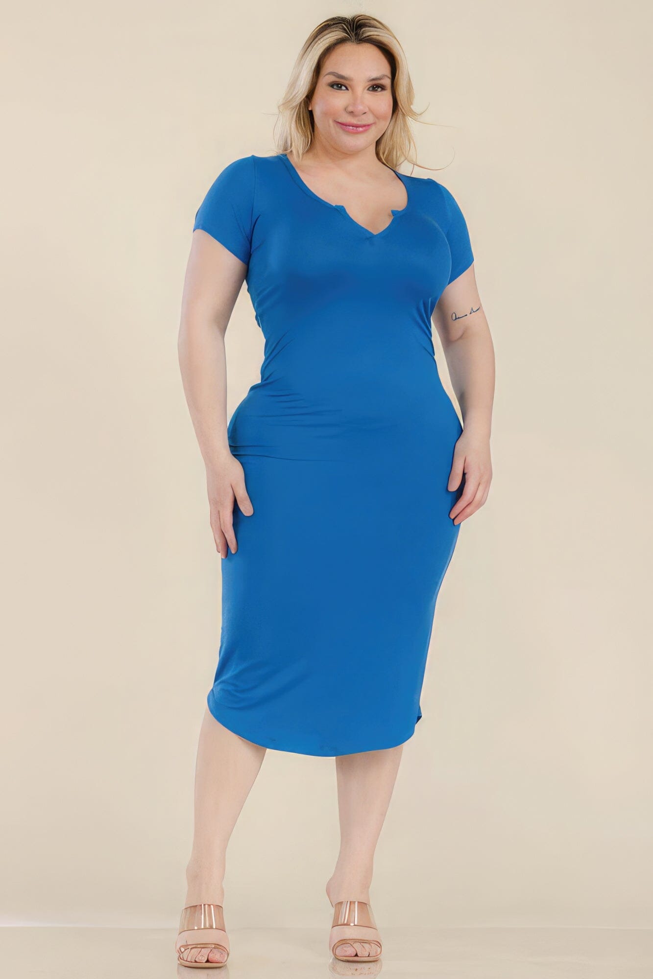 Plus Size Split Neck Bodycon Short Sleeve Midi Dress Dresses jehouze Skydiver 1XL