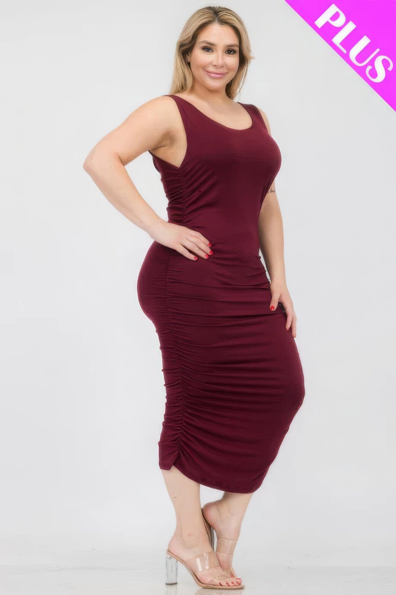 Plus Size Square Neck Ruched Bodycon Midi Dress Dresses jehouze