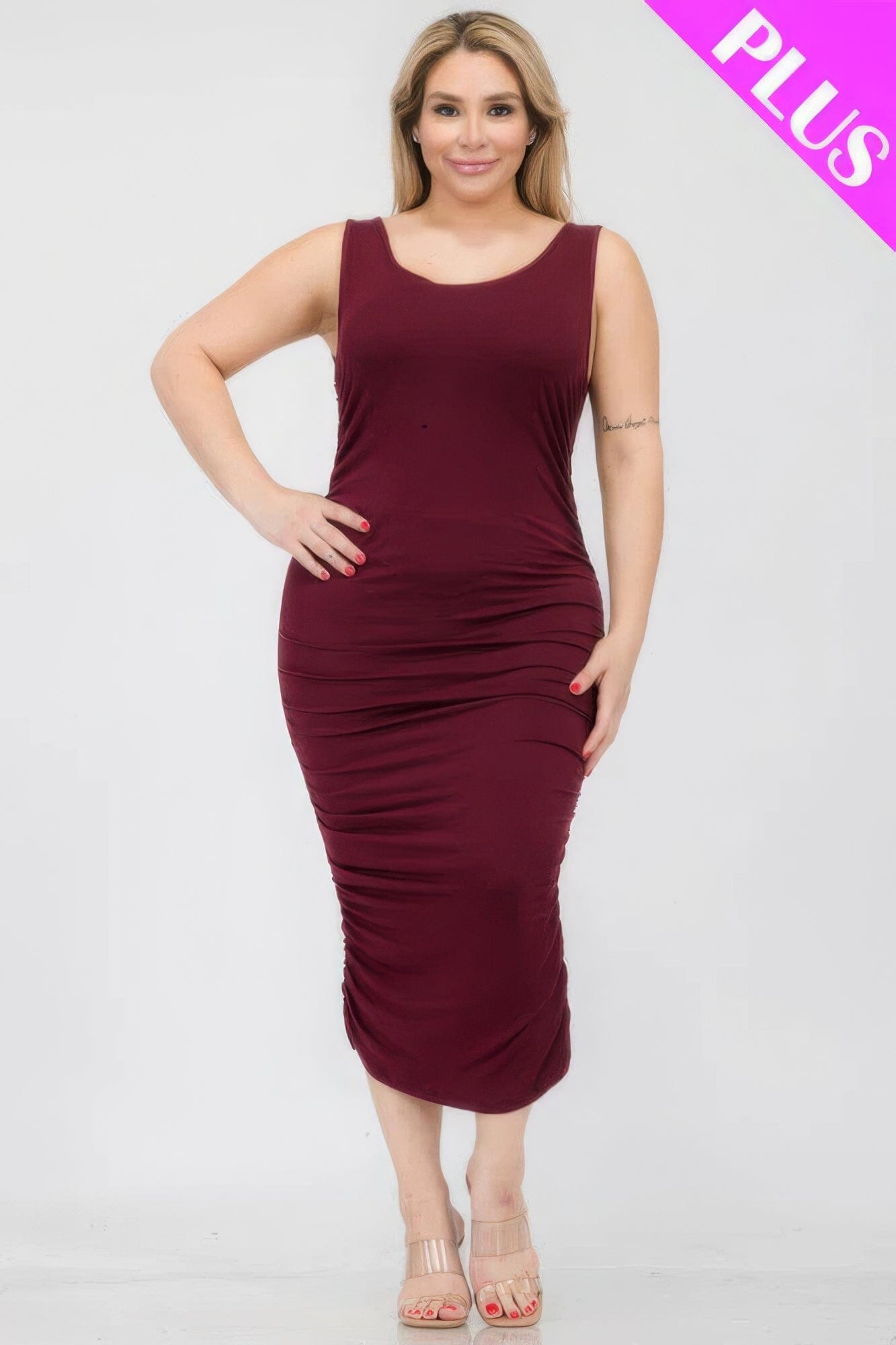 Plus Size Square Neck Ruched Bodycon Midi Dress Dresses jehouze