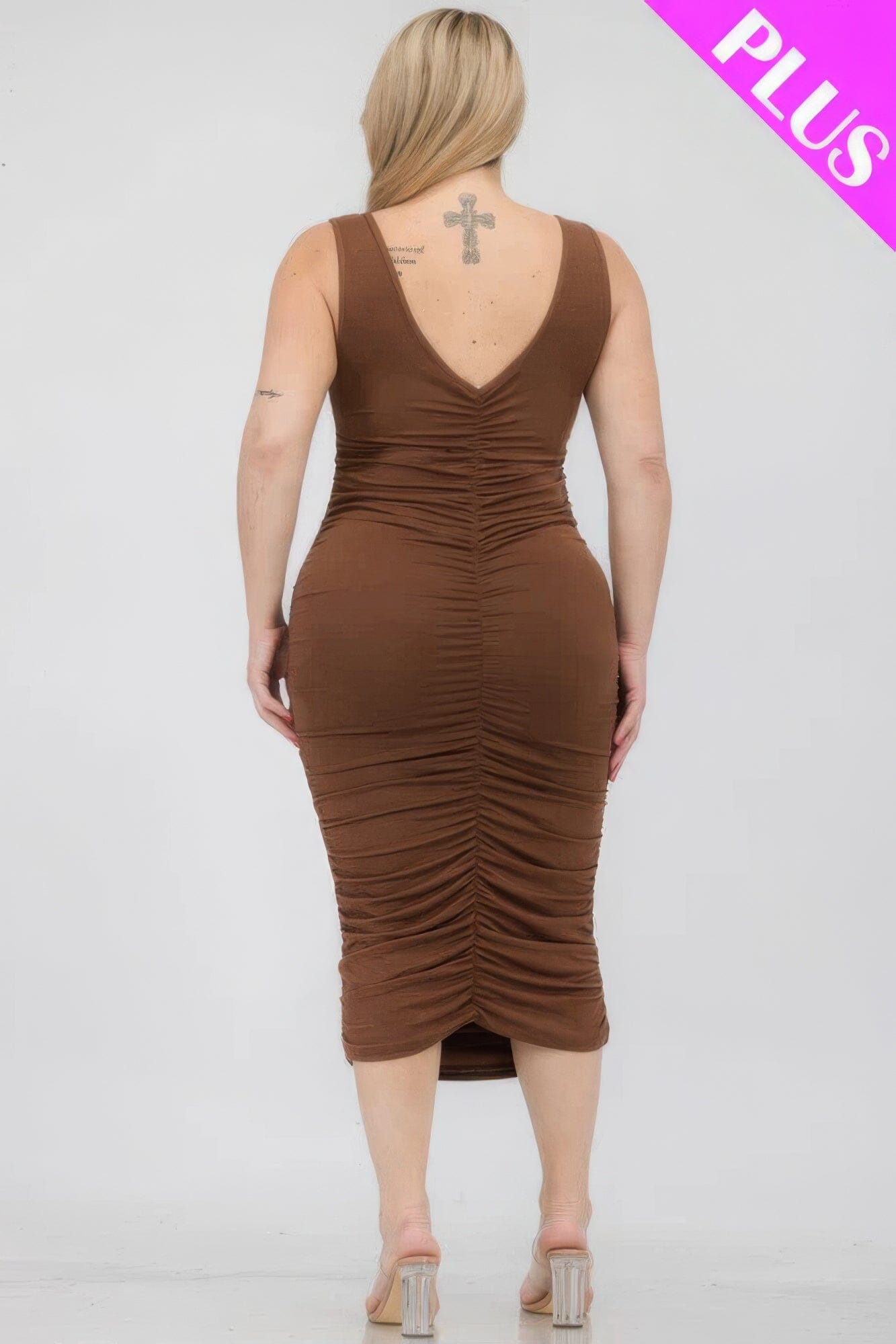 Plus Size Square Neck Ruched Bodycon Midi Dress Dresses jehouze