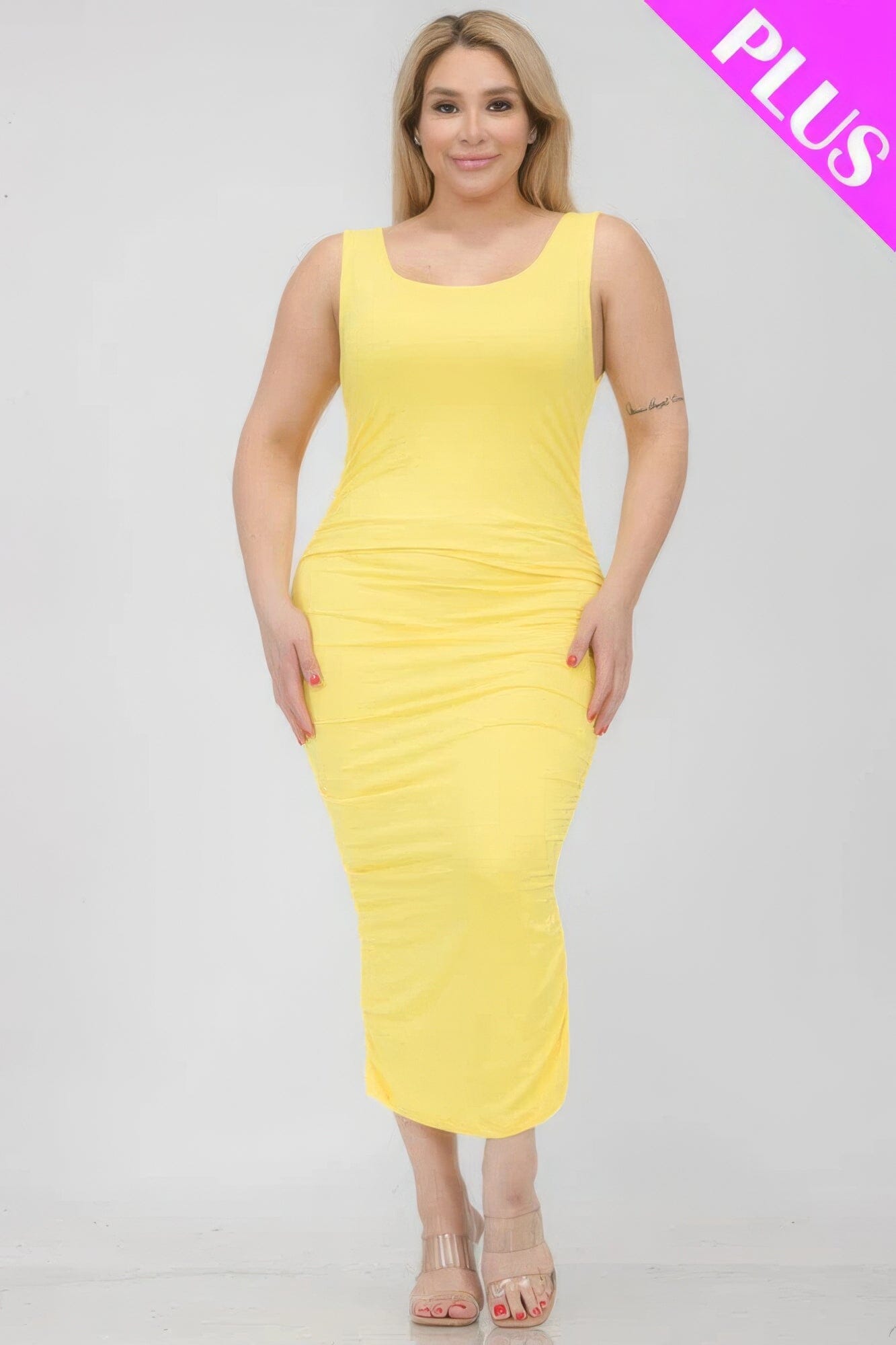 Plus Size Square Neck Ruched Bodycon Midi Dress Dresses jehouze