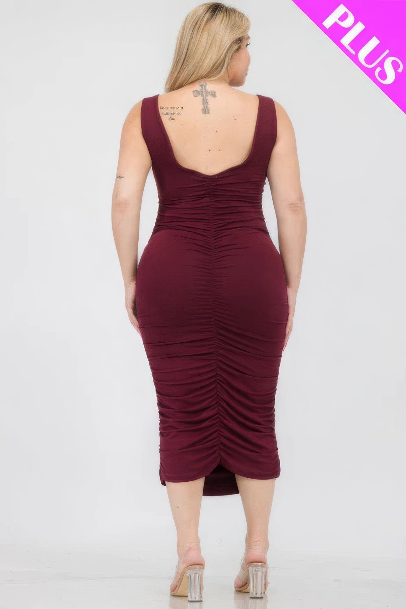 Plus Size Square Neck Ruched Bodycon Midi Dress Dresses jehouze