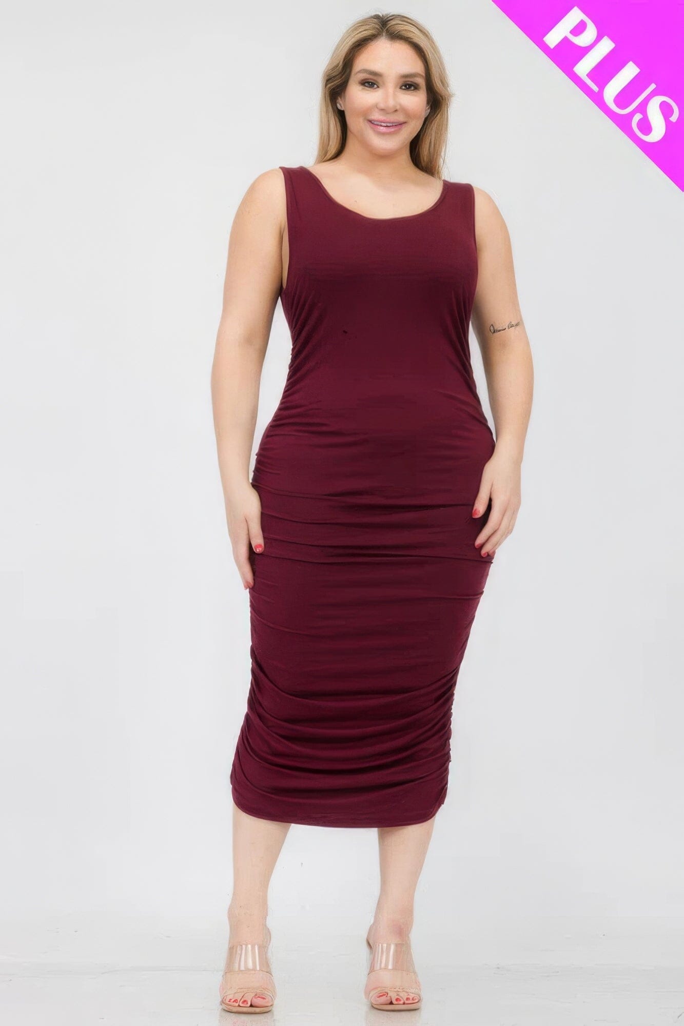 Plus Size Square Neck Ruched Bodycon Midi Dress Dresses jehouze Burgundy 1XL