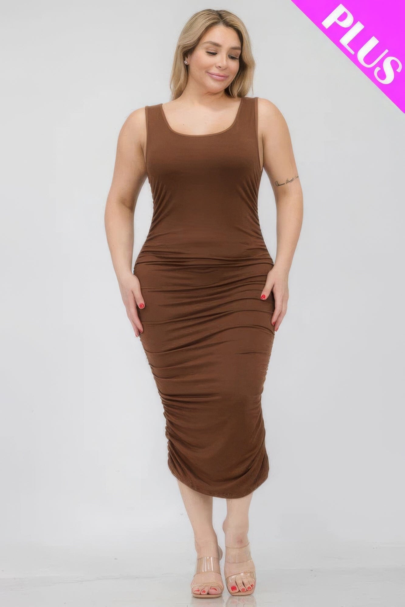 Plus Size Square Neck Ruched Bodycon Midi Dress Dresses jehouze Downtown Brown 1XL