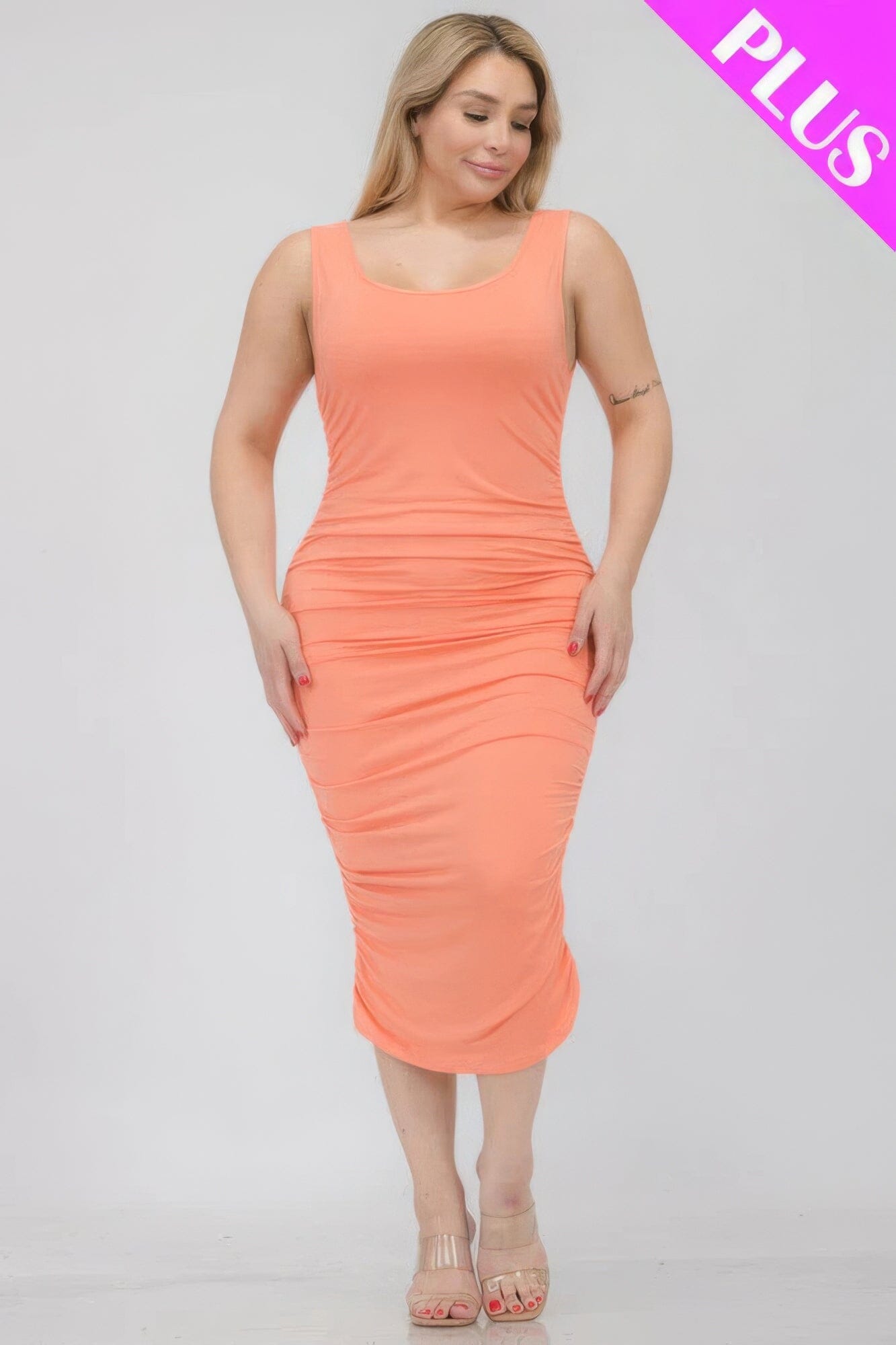 Plus Size Square Neck Ruched Bodycon Midi Dress Dresses jehouze Flamingo 1XL