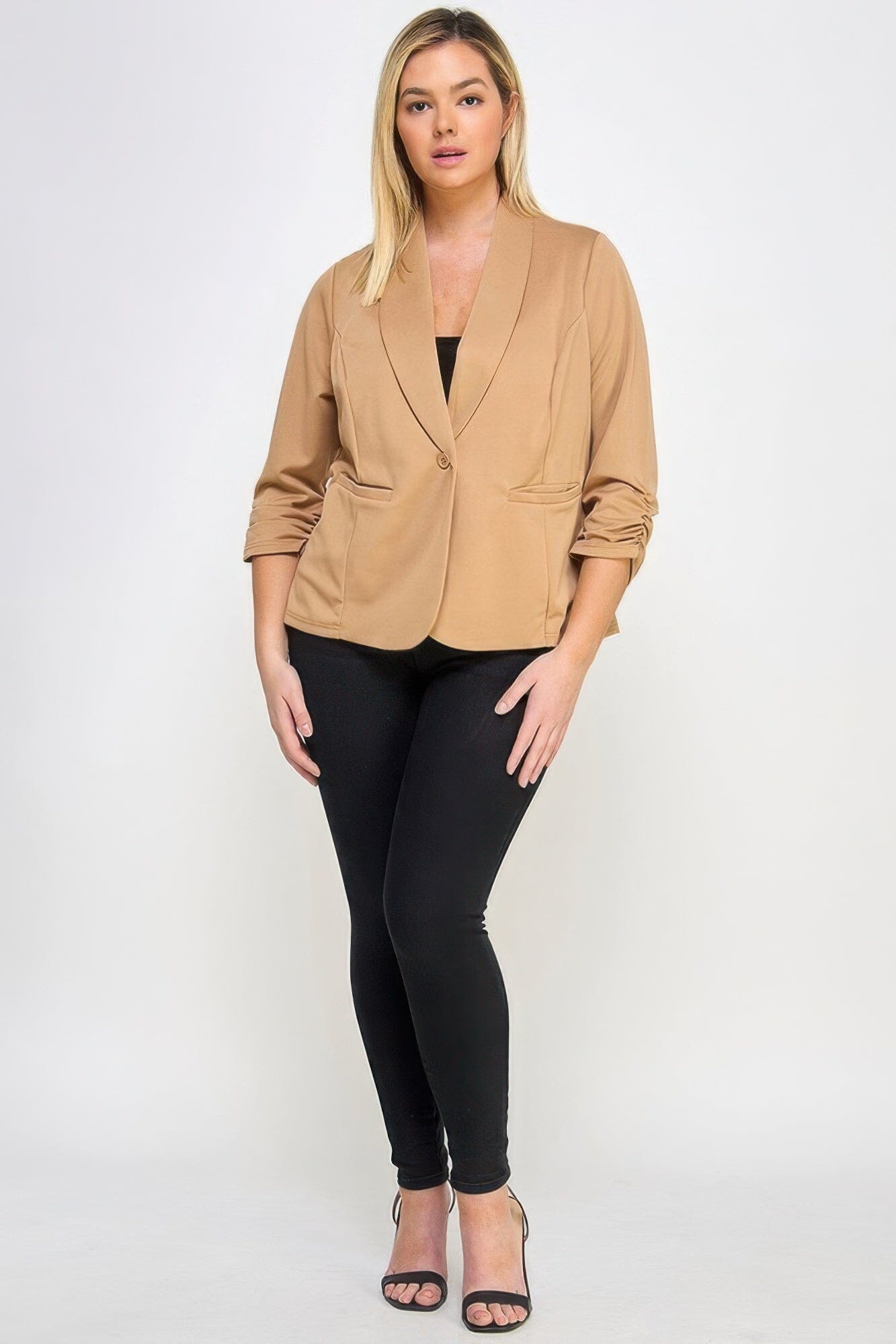 Plus Size Techno Scuba Blazer with pockets Outerwear jehouze Camel 1XL