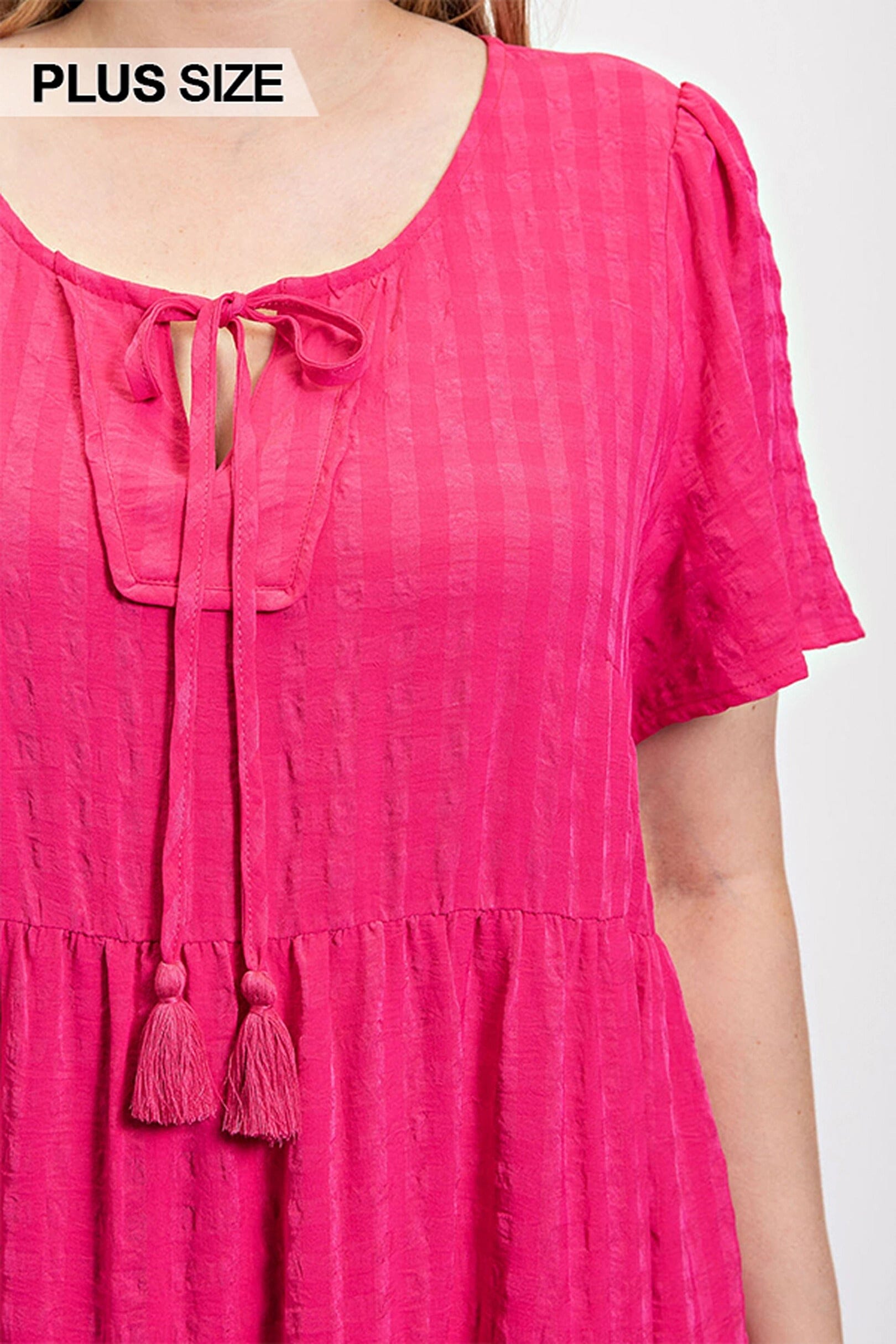 Plus Size Textured woven tiered dress with tassel tie and pockets Dresses jehouze