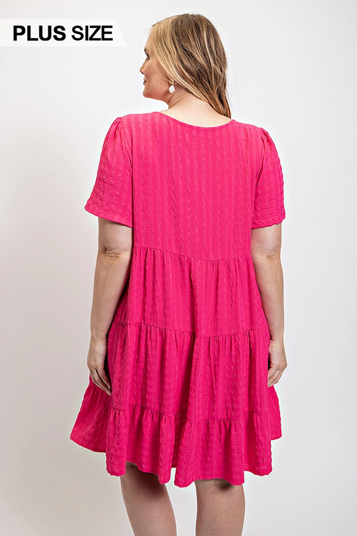 Plus Size Textured woven tiered dress with tassel tie and pockets Dresses jehouze