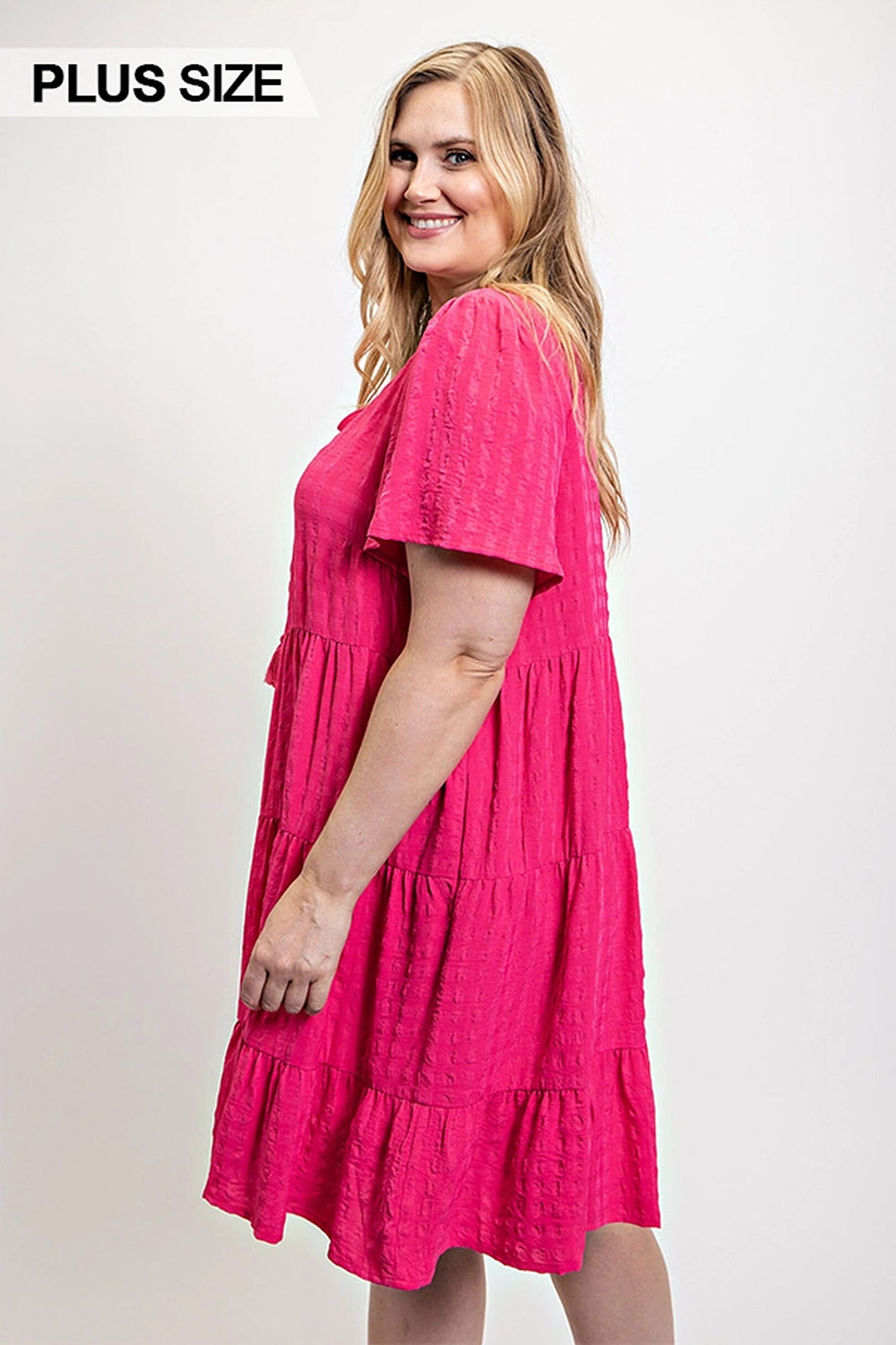 Plus Size Textured woven tiered dress with tassel tie and pockets Dresses jehouze