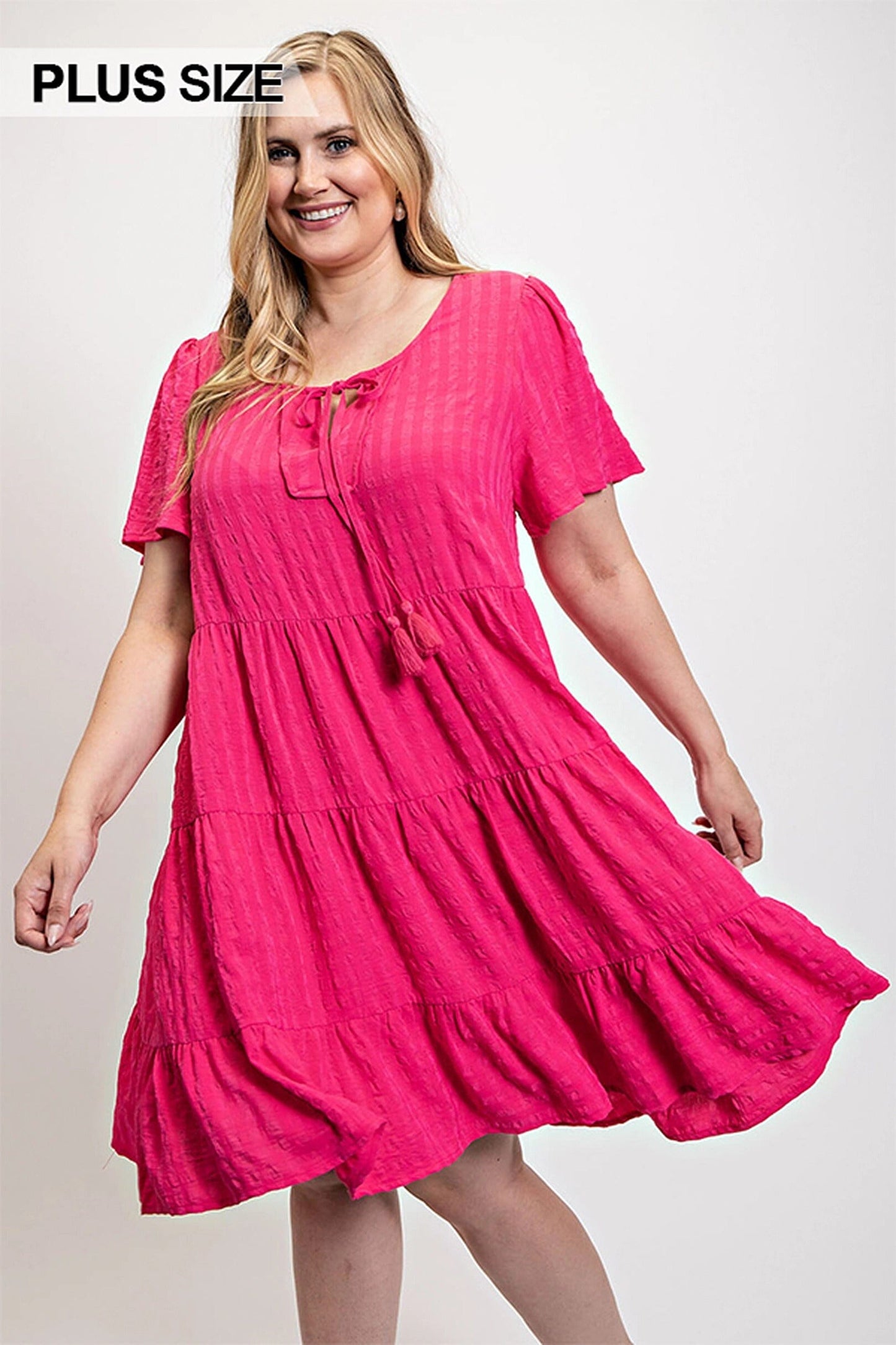 Plus Size Textured woven tiered dress with tassel tie and pockets Dresses jehouze