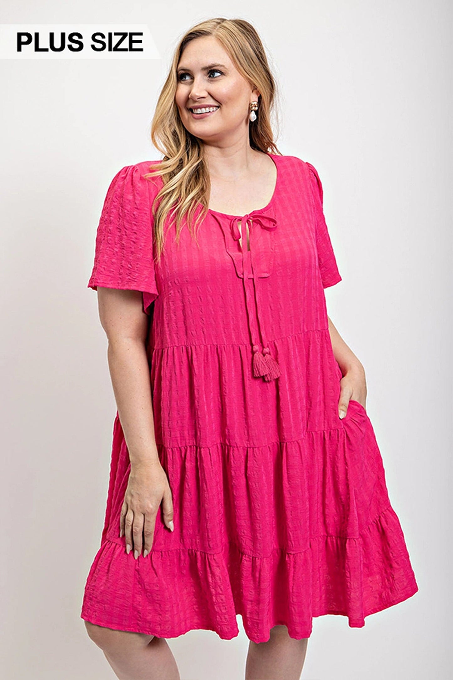 Plus Size Textured woven tiered dress with tassel tie and pockets Dresses jehouze XL