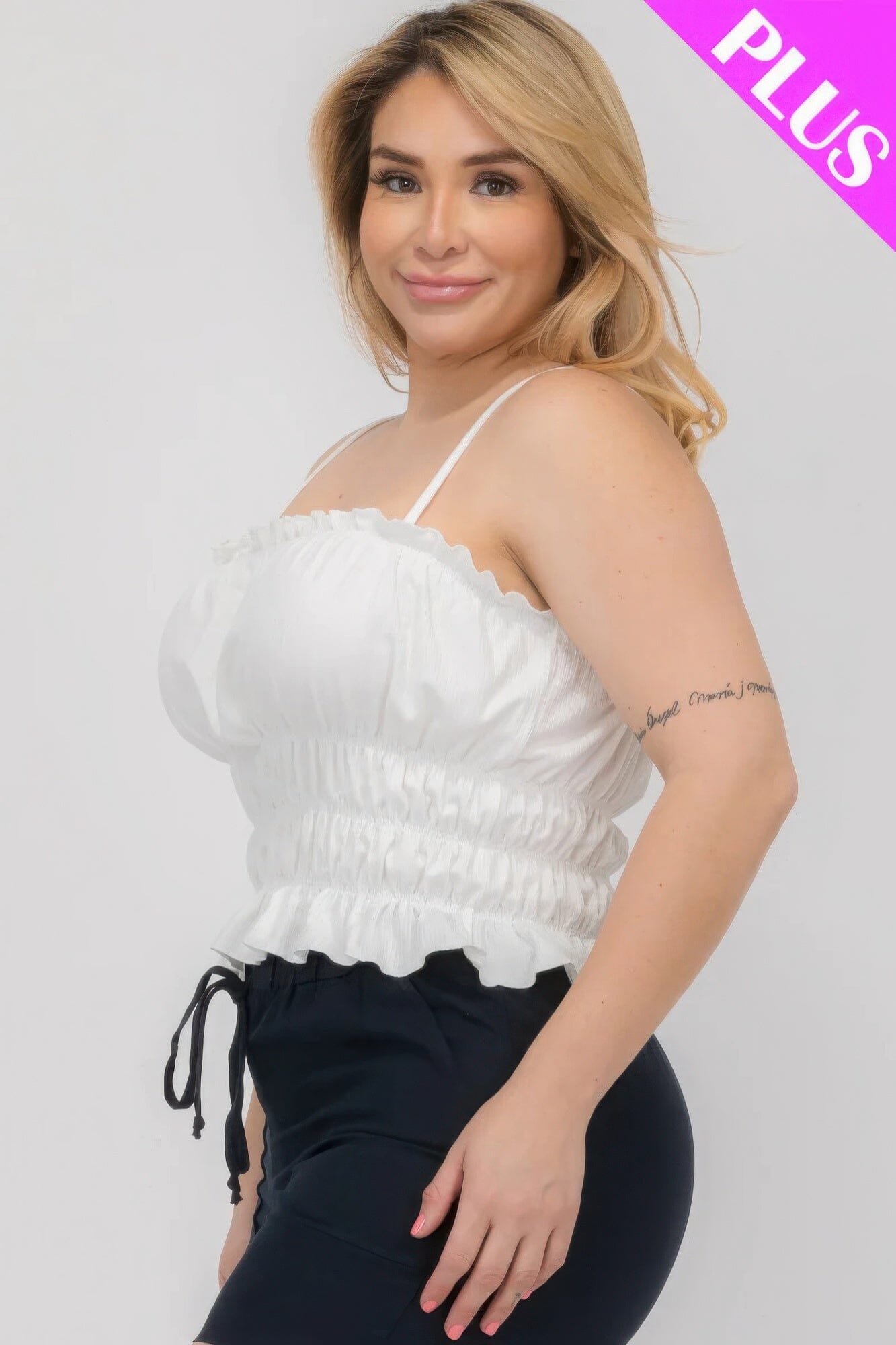 Plus Size Tiered Shirred Body Crop Top Shirts & Tops jehouze