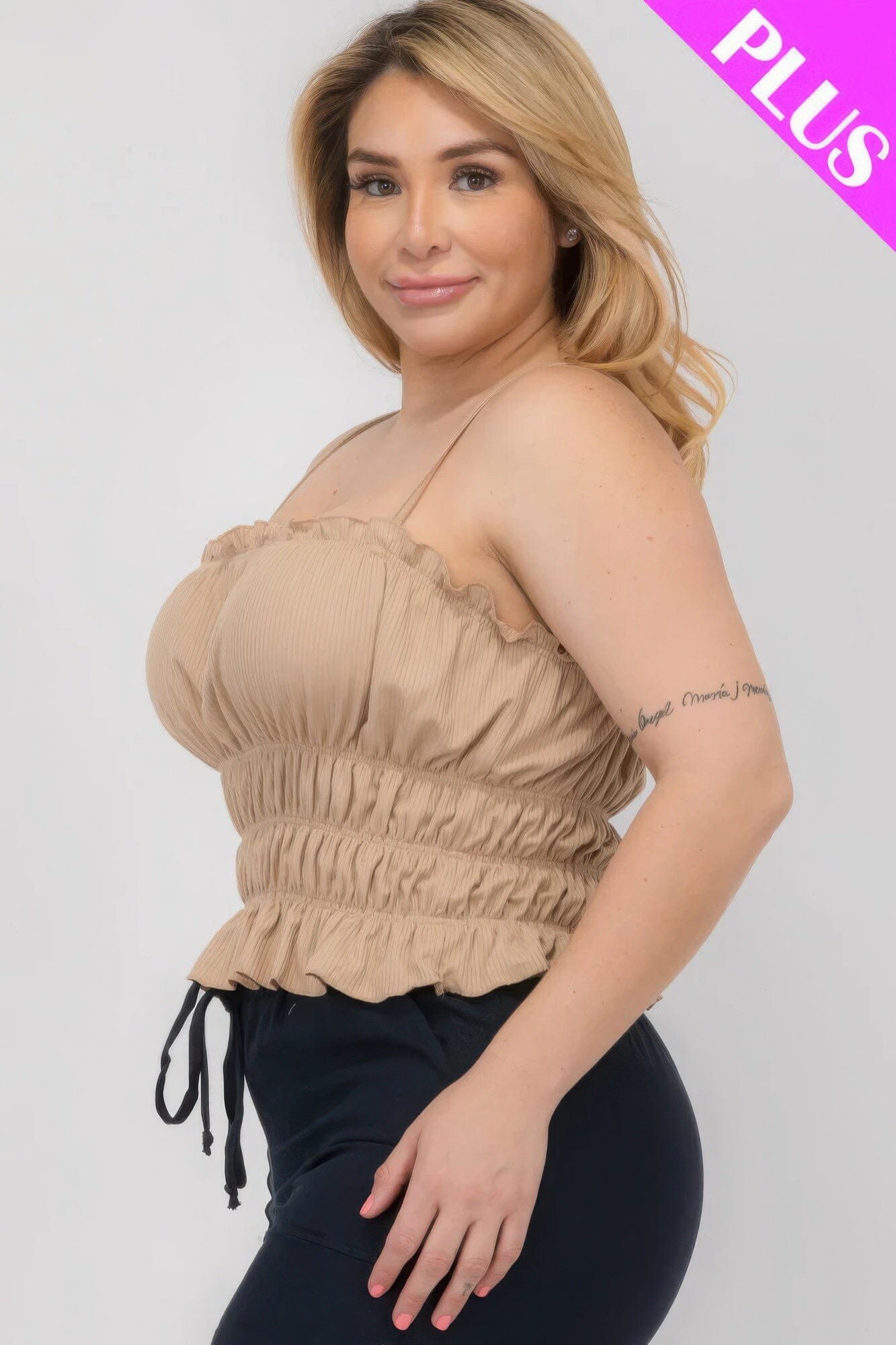 Plus Size Tiered Shirred Body Crop Top Shirts & Tops jehouze